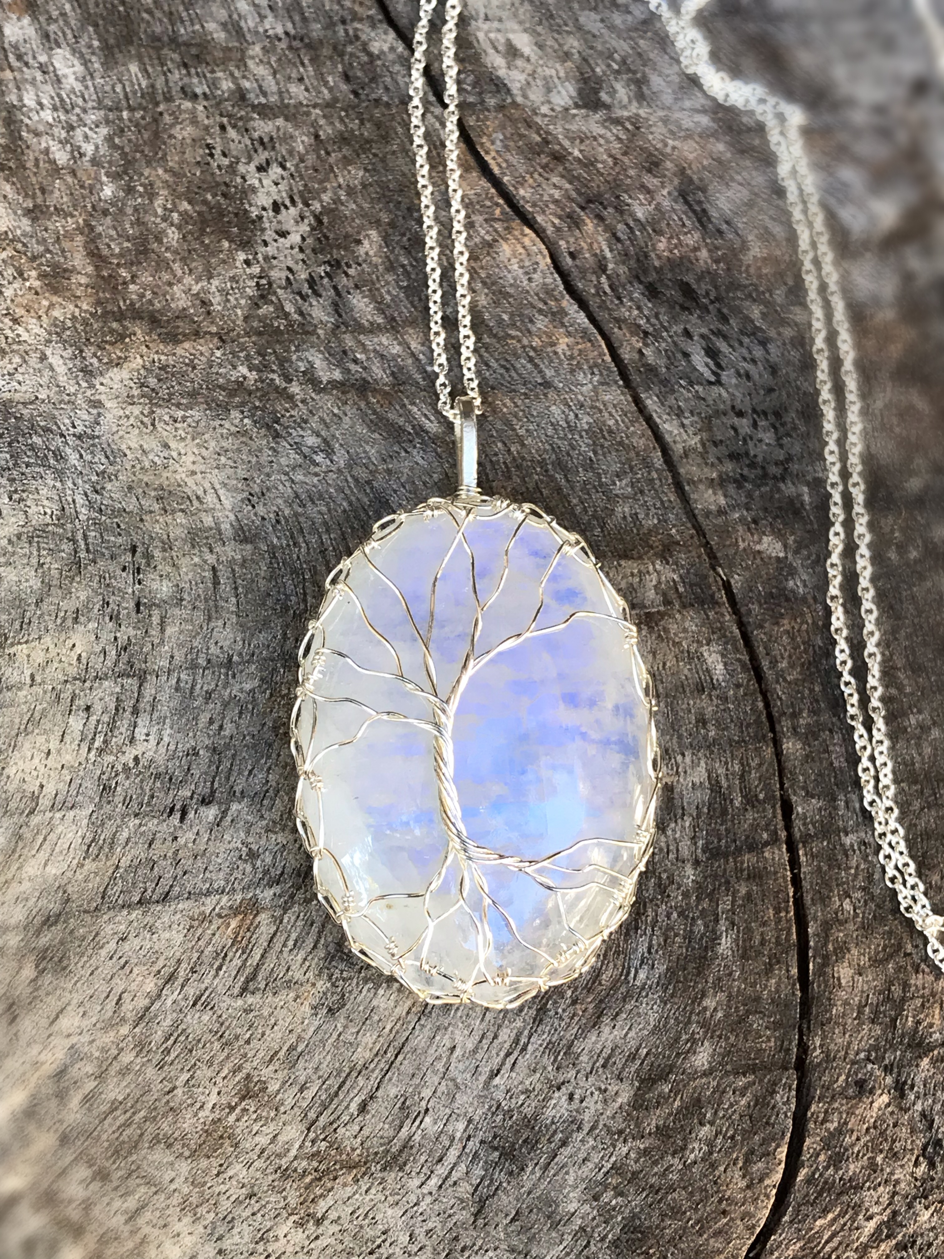 Tree Of Life Necklace - Solid Sterling Silver - Oval Cut Rainbow Moonstone - "In The Still Glow" - Image 2