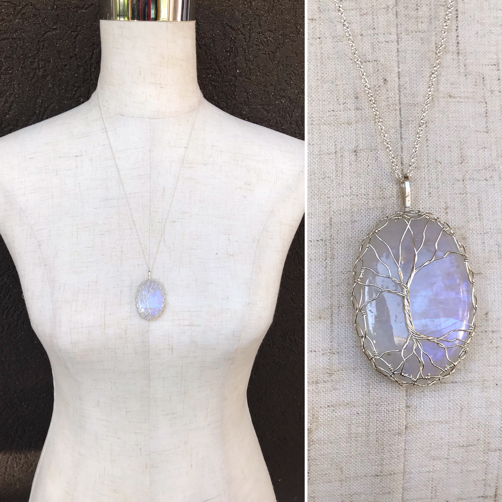 Tree Of Life Necklace – Solid Sterling Silver – Oval Cut Rainbow Moonstone – “In The Still Glow”