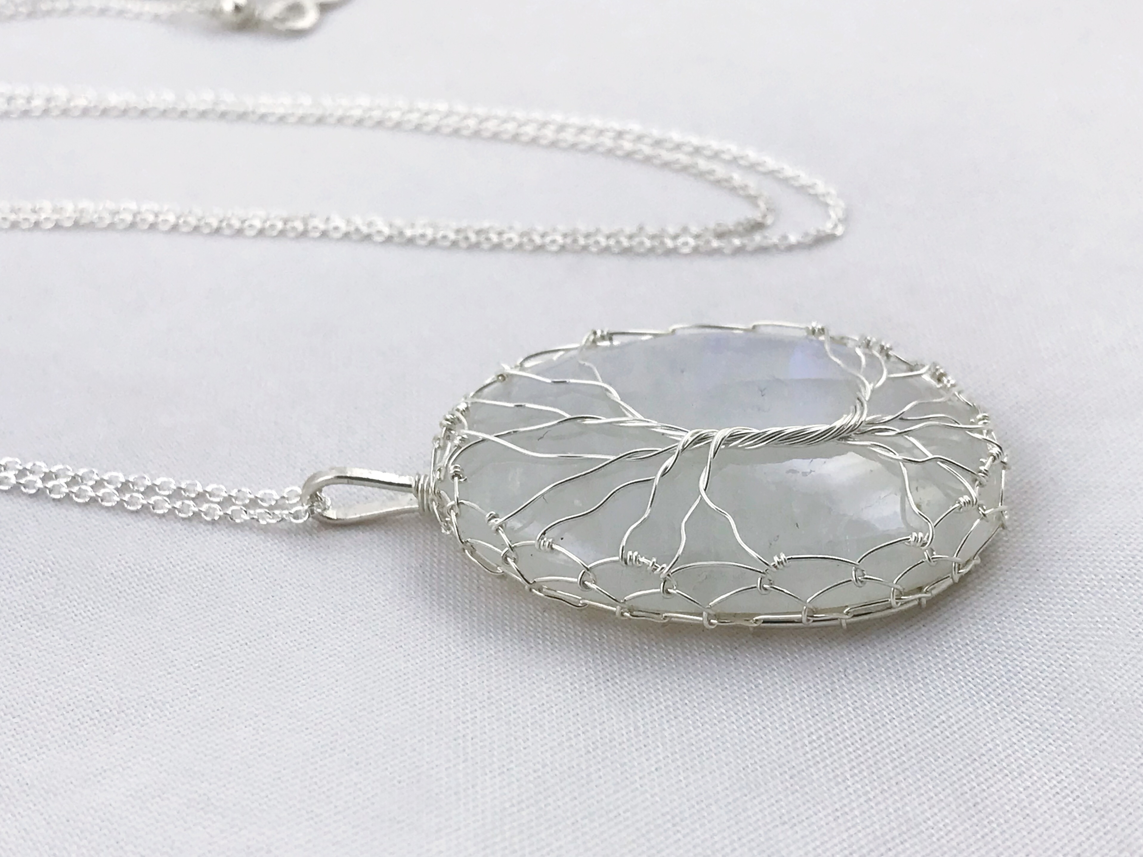 Tree Of Life Necklace - Solid Sterling Silver - Oval Cut Rainbow Moonstone - "In The Still Glow" - Image 10