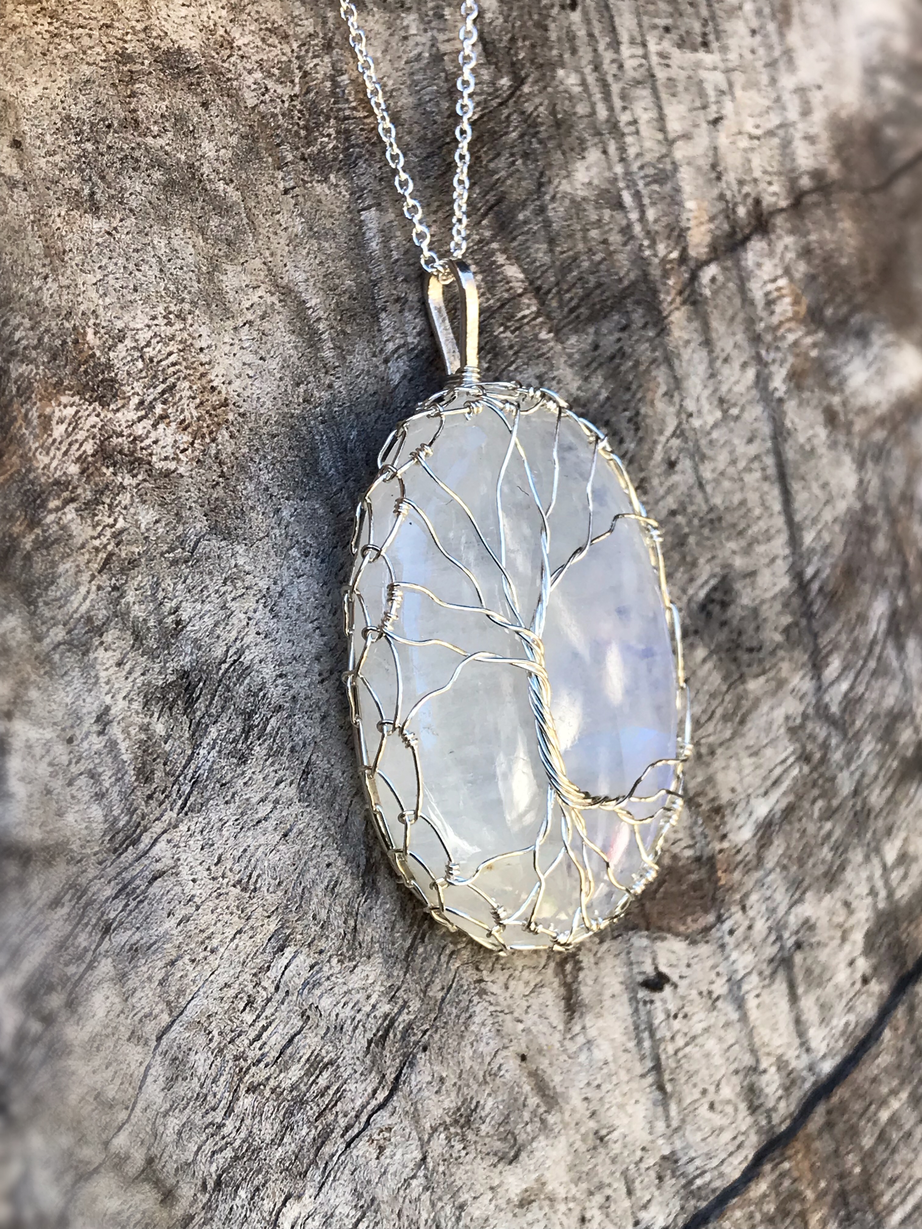 Tree Of Life Necklace - Solid Sterling Silver - Oval Cut Rainbow Moonstone - "In The Still Glow" - Image 4