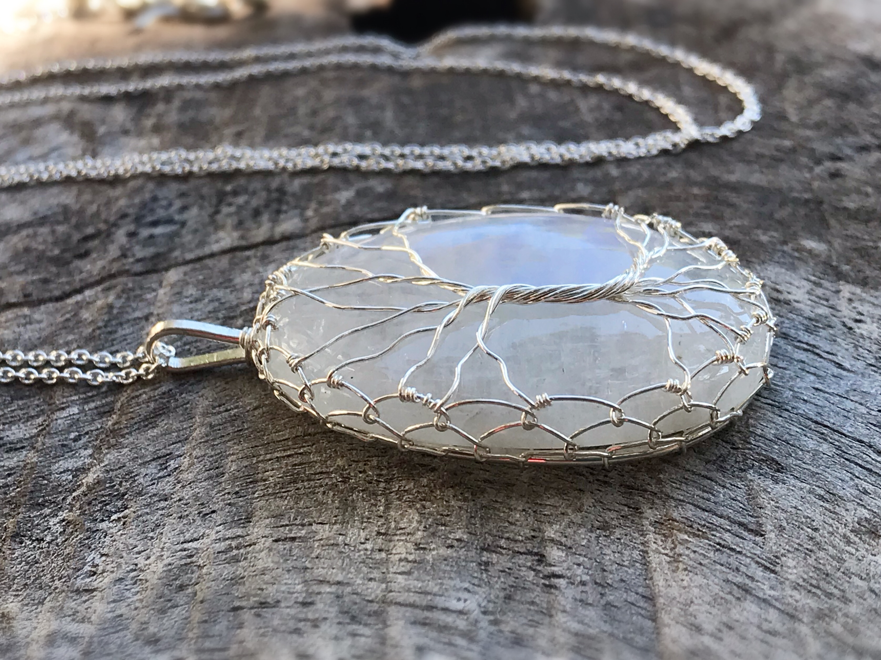 Tree Of Life Necklace - Solid Sterling Silver - Oval Cut Rainbow Moonstone - "In The Still Glow" - Image 5