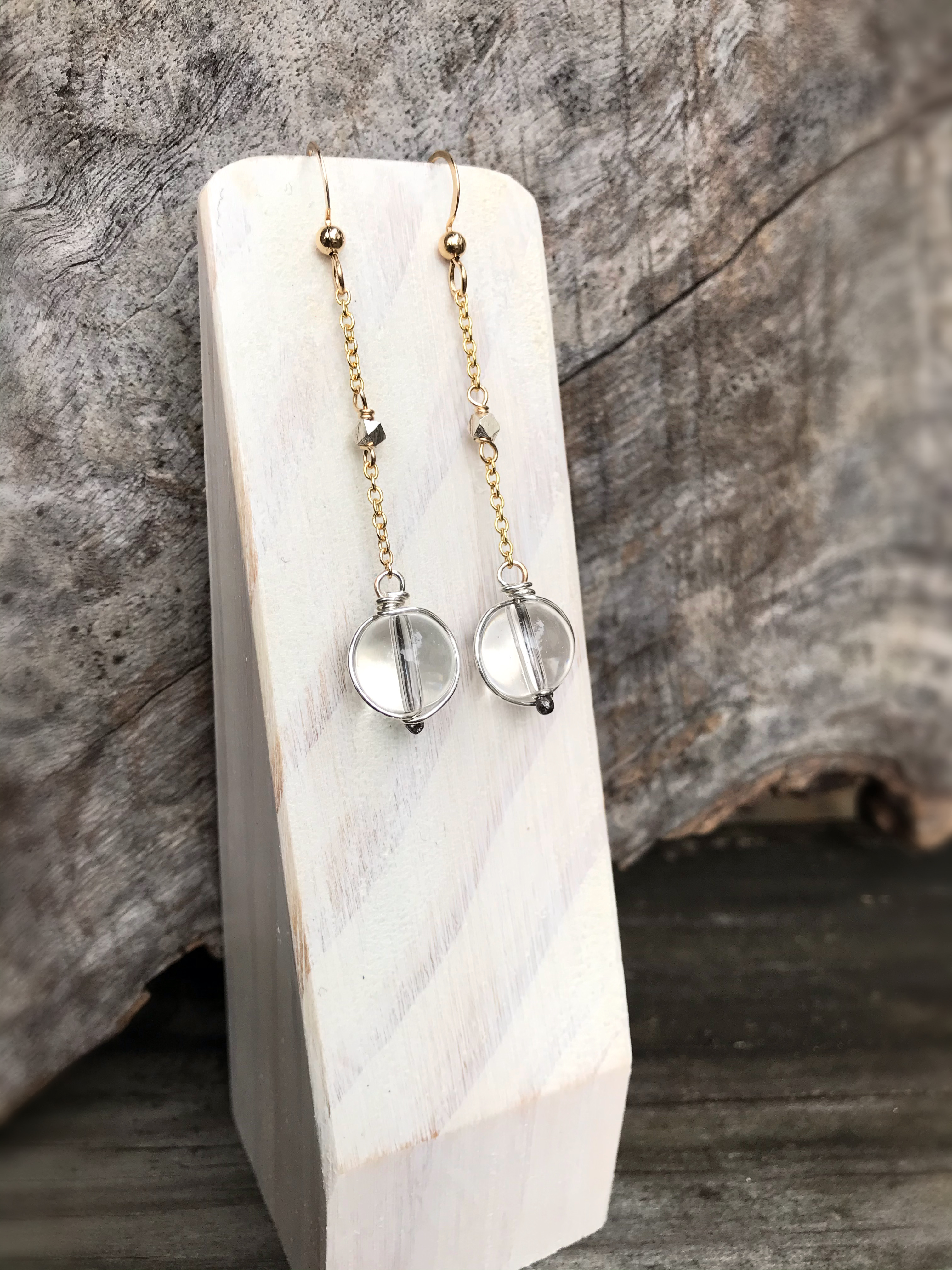 Orb Earrings / Two Tone Mixed Metal / Solid Sterling / Fine Silver / 14k Gold Filled / Round Quartz Crystals / Pools Of Light - Image 4