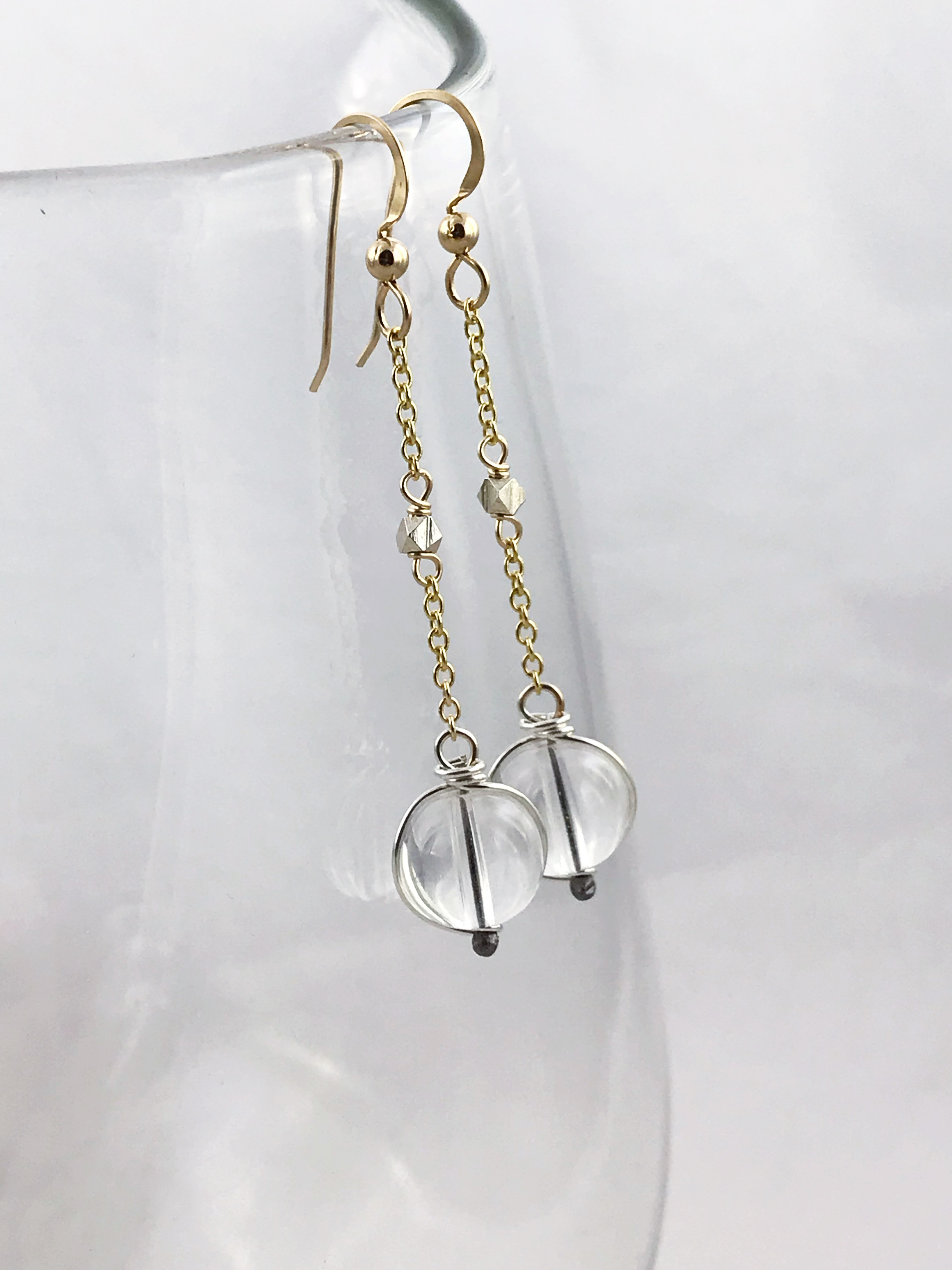 Orb Earrings / Two Tone Mixed Metal / Solid Sterling / Fine Silver / 14k Gold Filled / Round Quartz Crystals / Pools Of Light - Image 2