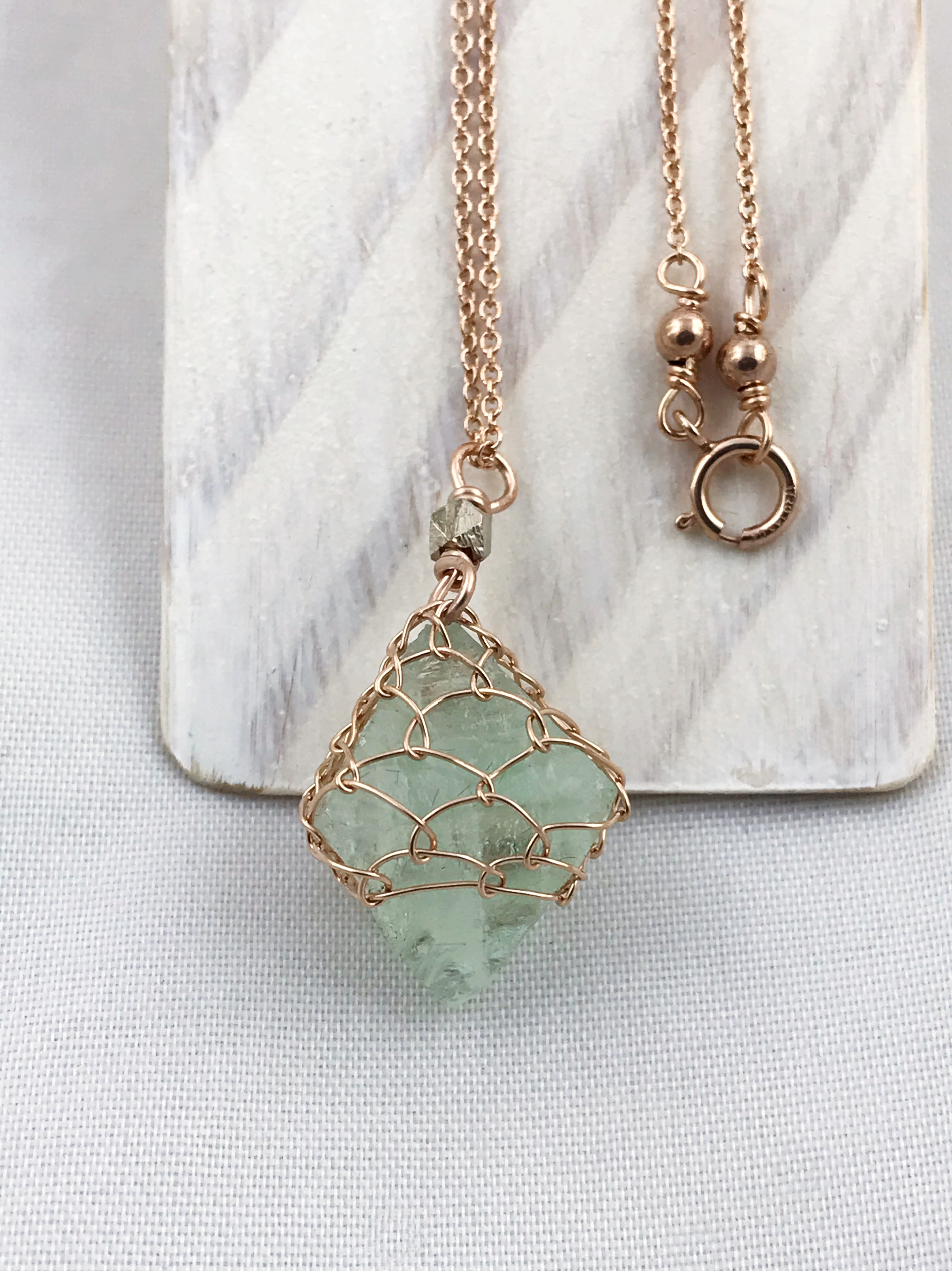 Green Fluorite Crystal Necklace - 14k Rose Gold Filled - Raw Fluorite Octahedron - Image 6