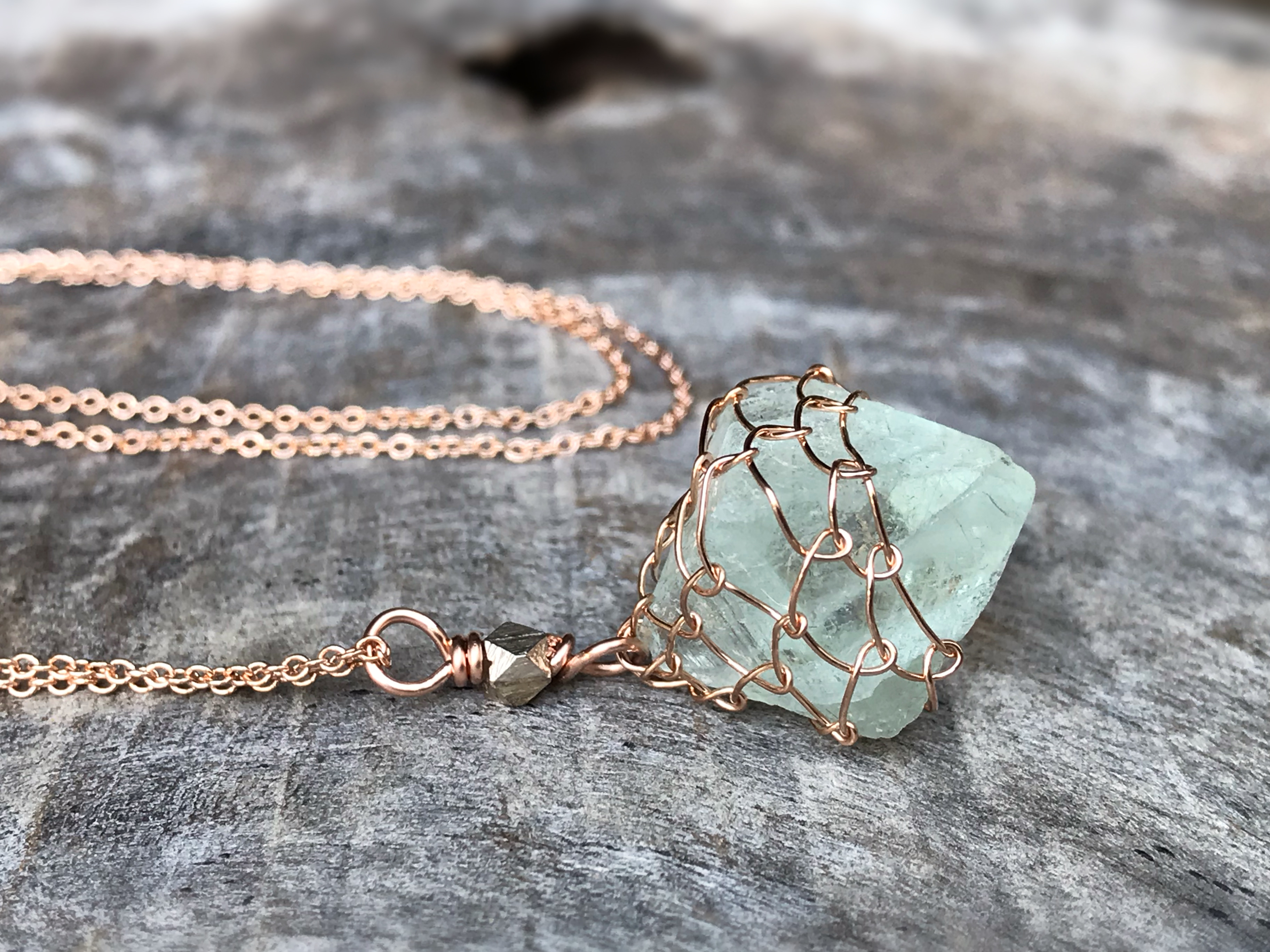 Green Fluorite Crystal Necklace – 14k Rose Gold Filled – Raw Fluorite Octahedron