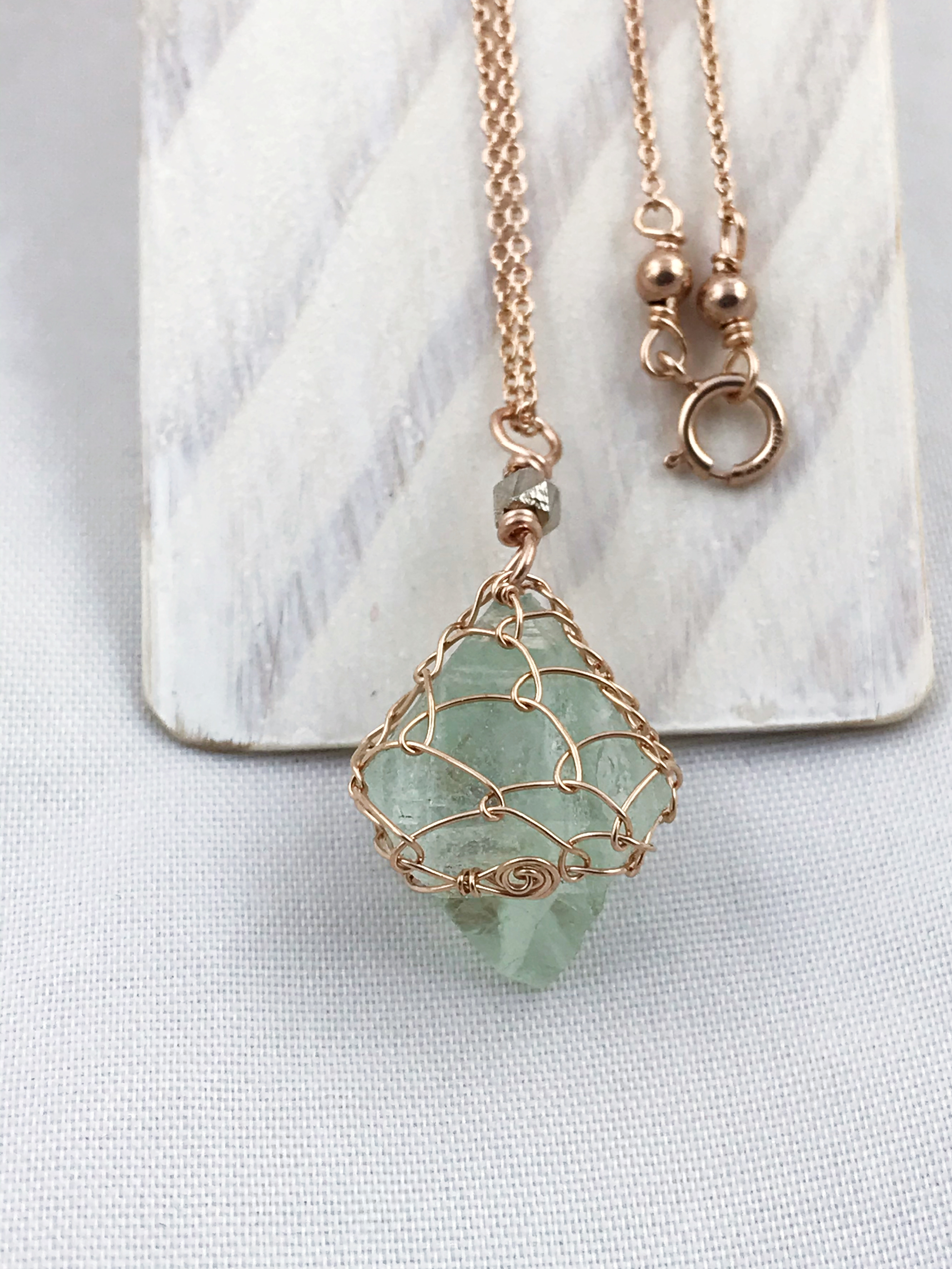 Green Fluorite Crystal Necklace - 14k Rose Gold Filled - Raw Fluorite Octahedron - Image 7