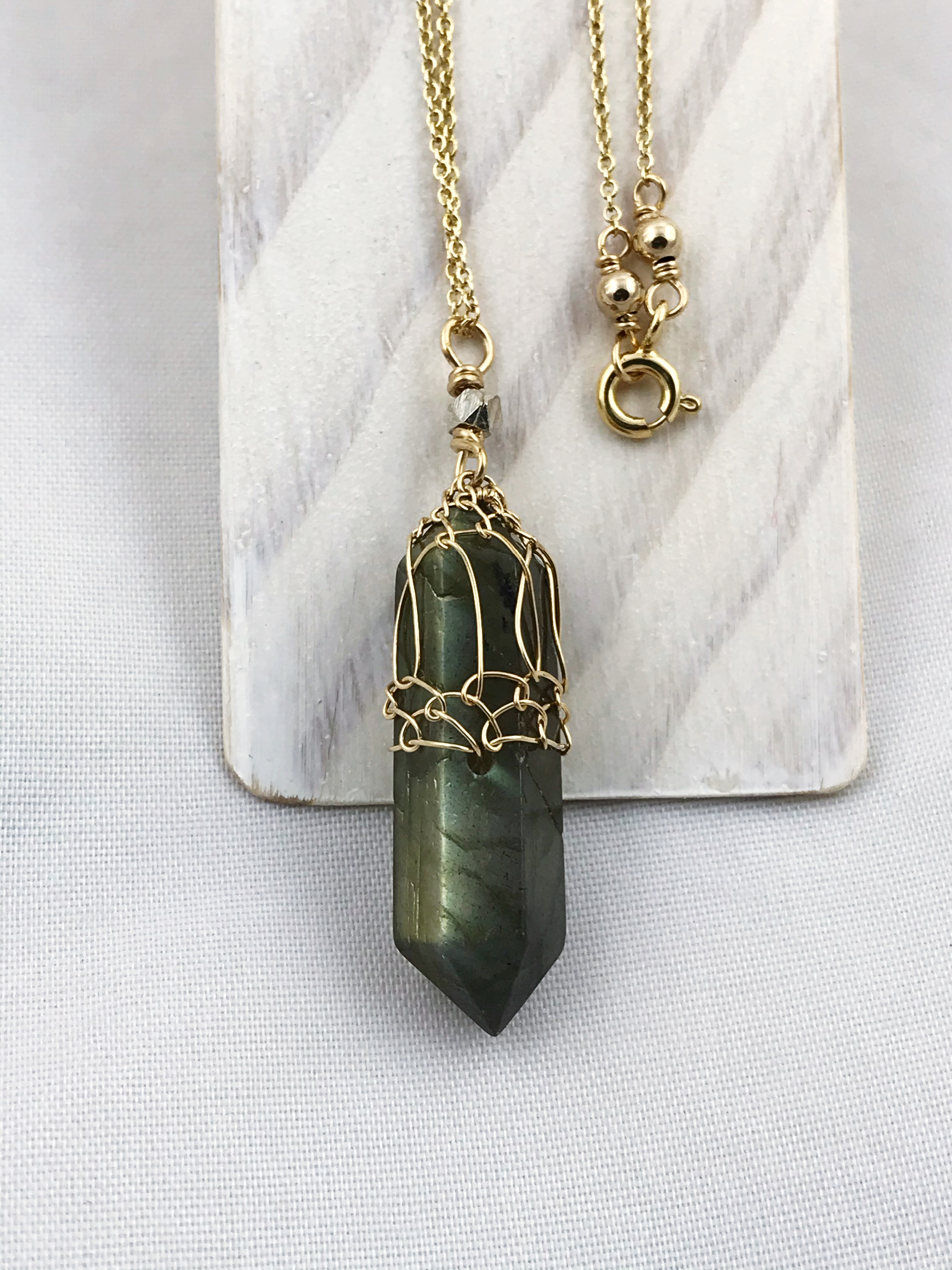 Labradorite Crystal Point Necklace - 14k Yellow Gold Filled / Fine Silver - Double Terminated Labradorite - Image 6