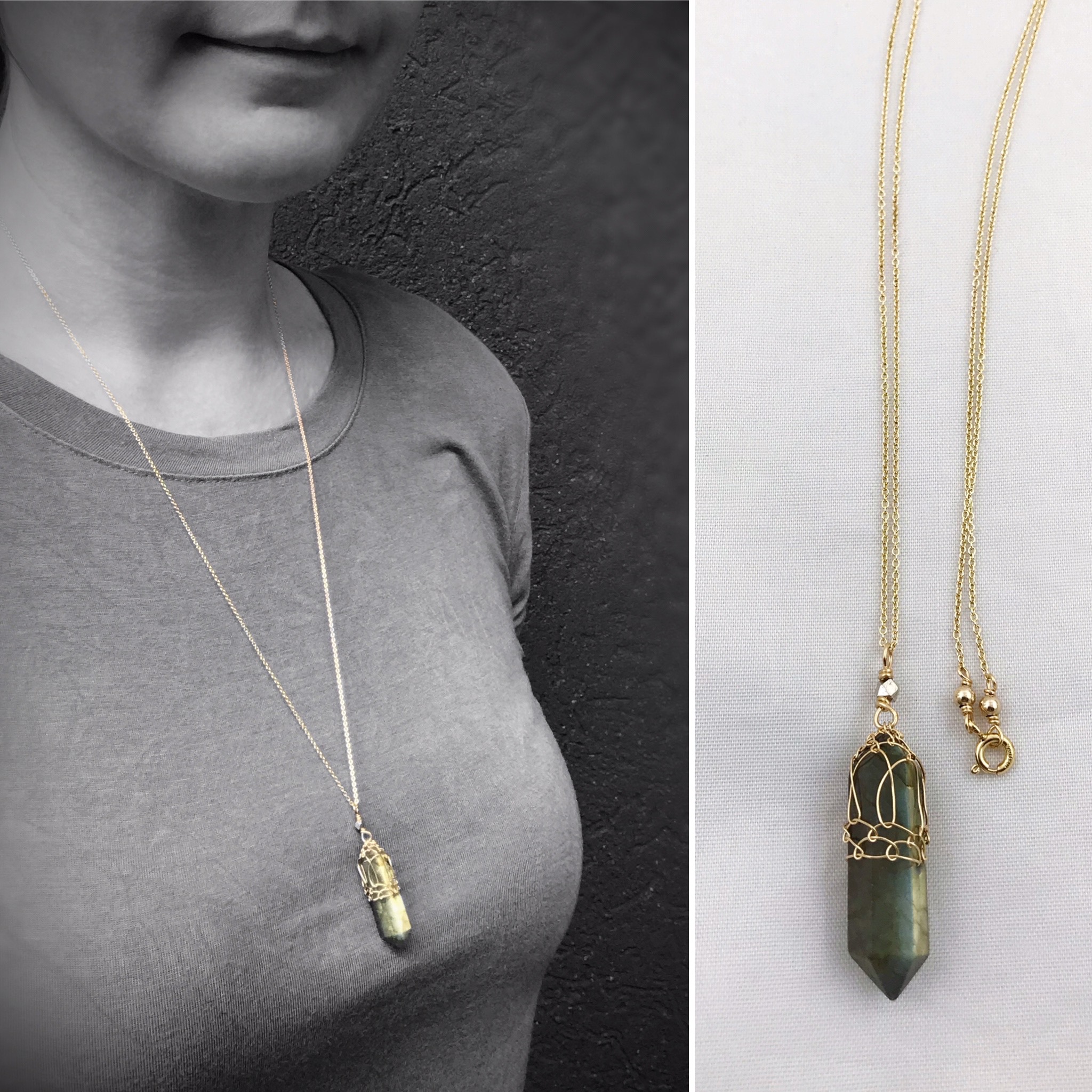 Labradorite Crystal Point Necklace - 14k Yellow Gold Filled / Fine Silver - Double Terminated Labradorite - Image 3