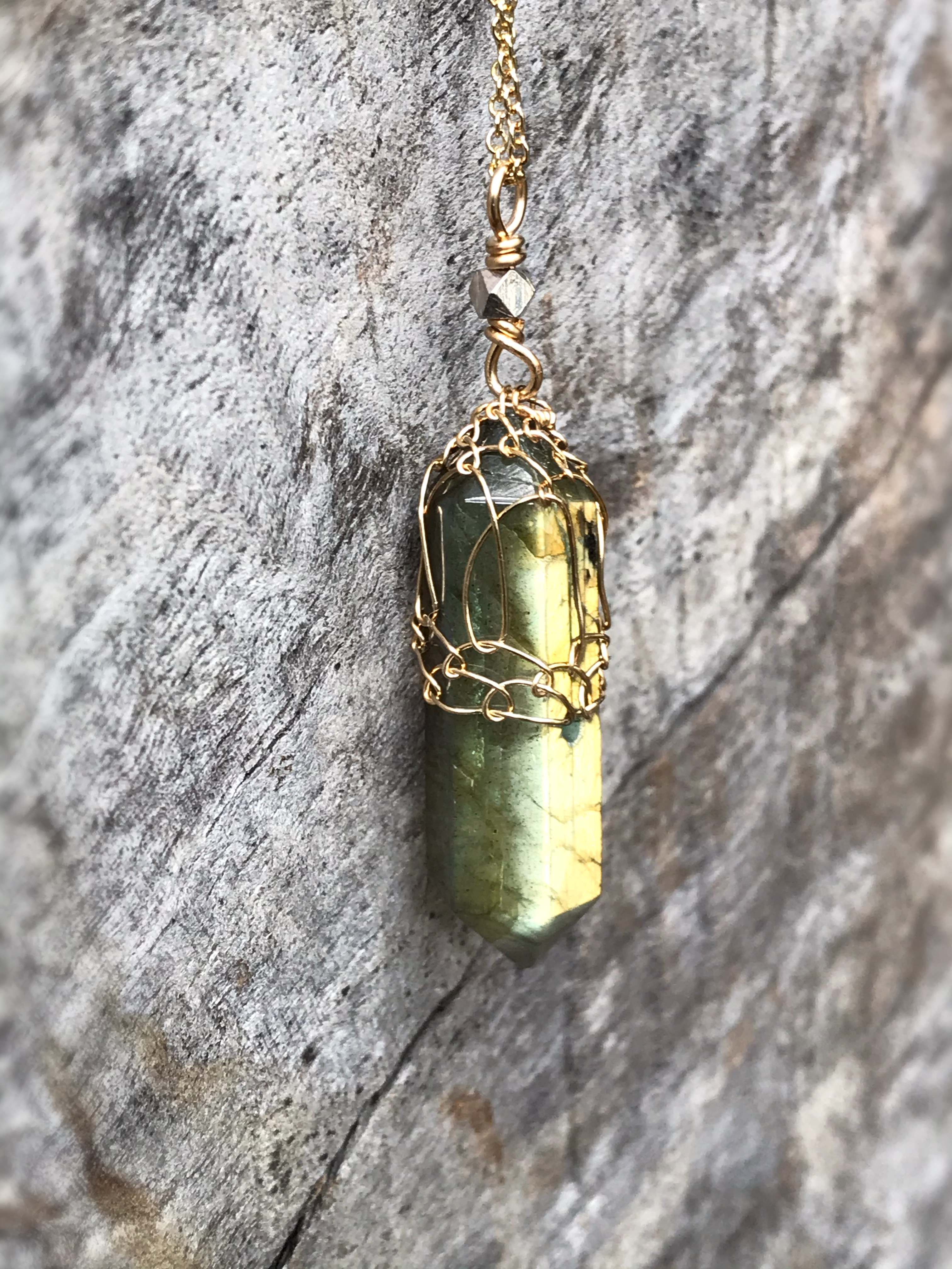 Labradorite Crystal Point Necklace - 14k Yellow Gold Filled / Fine Silver - Double Terminated Labradorite - Image 2