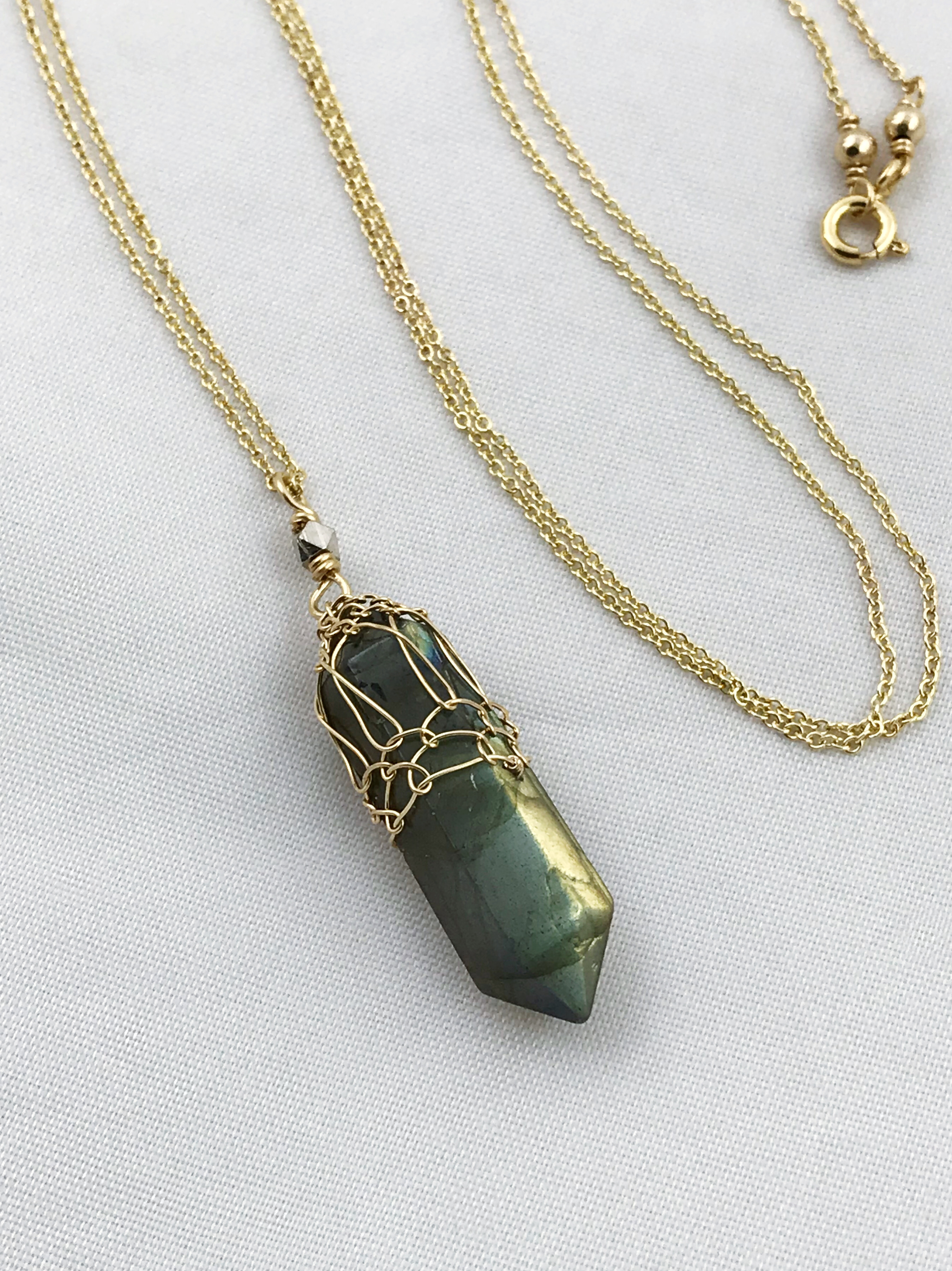Labradorite Crystal Point Necklace - 14k Yellow Gold Filled / Fine Silver - Double Terminated Labradorite - Image 9