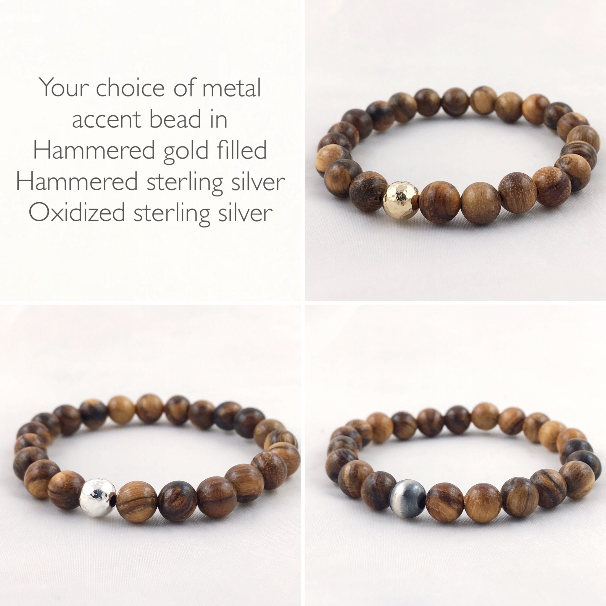 Wood Bracelet / 8mm Qinan Sandalwood Beads / Your Choice Of Metal Accent Bead / Men's Women's Unisex Bracelet - Image 3