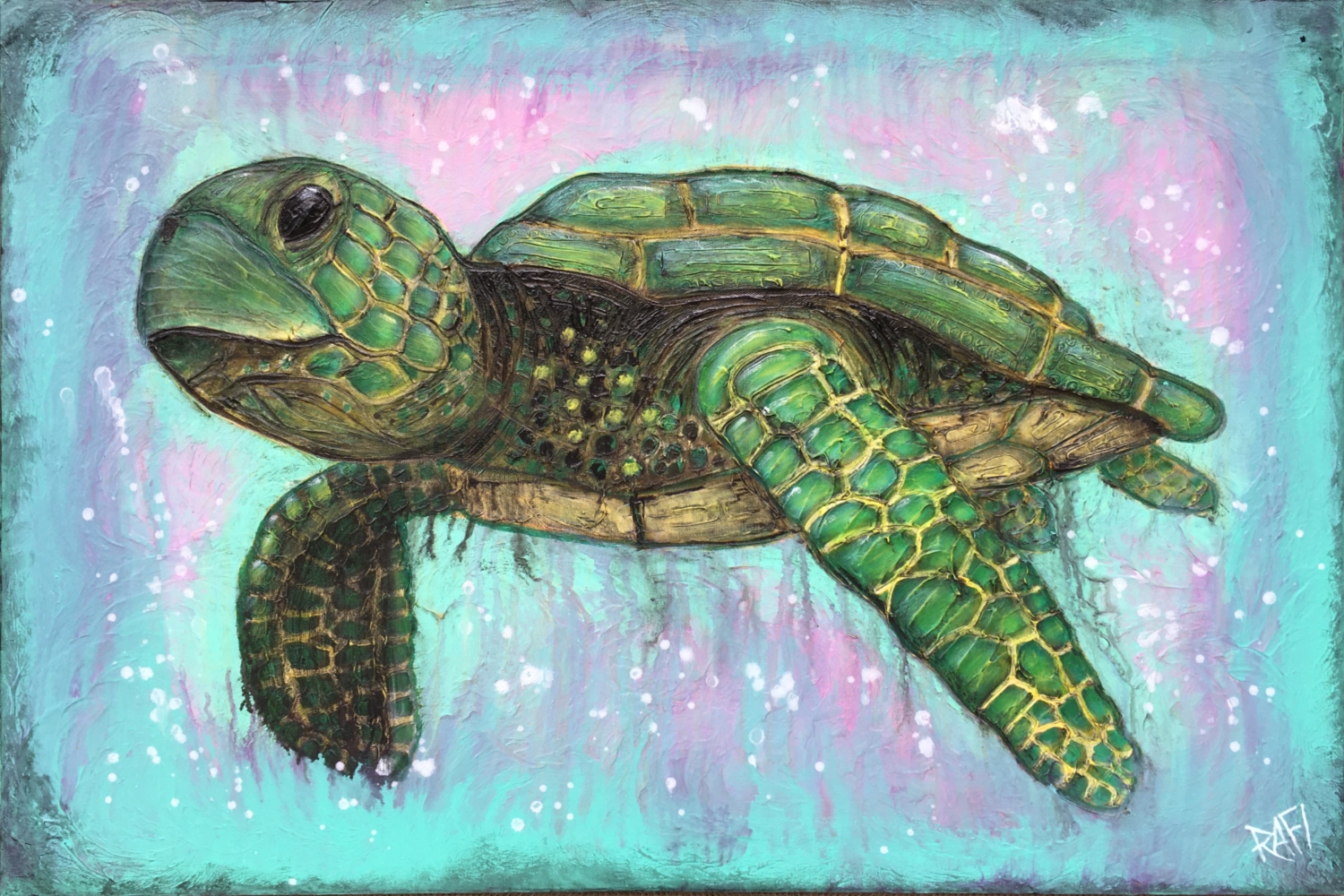 Turtle Wisdom's Power Wall Art by Artist Rafi Perez Mixed Medium on Canvas 36X24 - Image 4