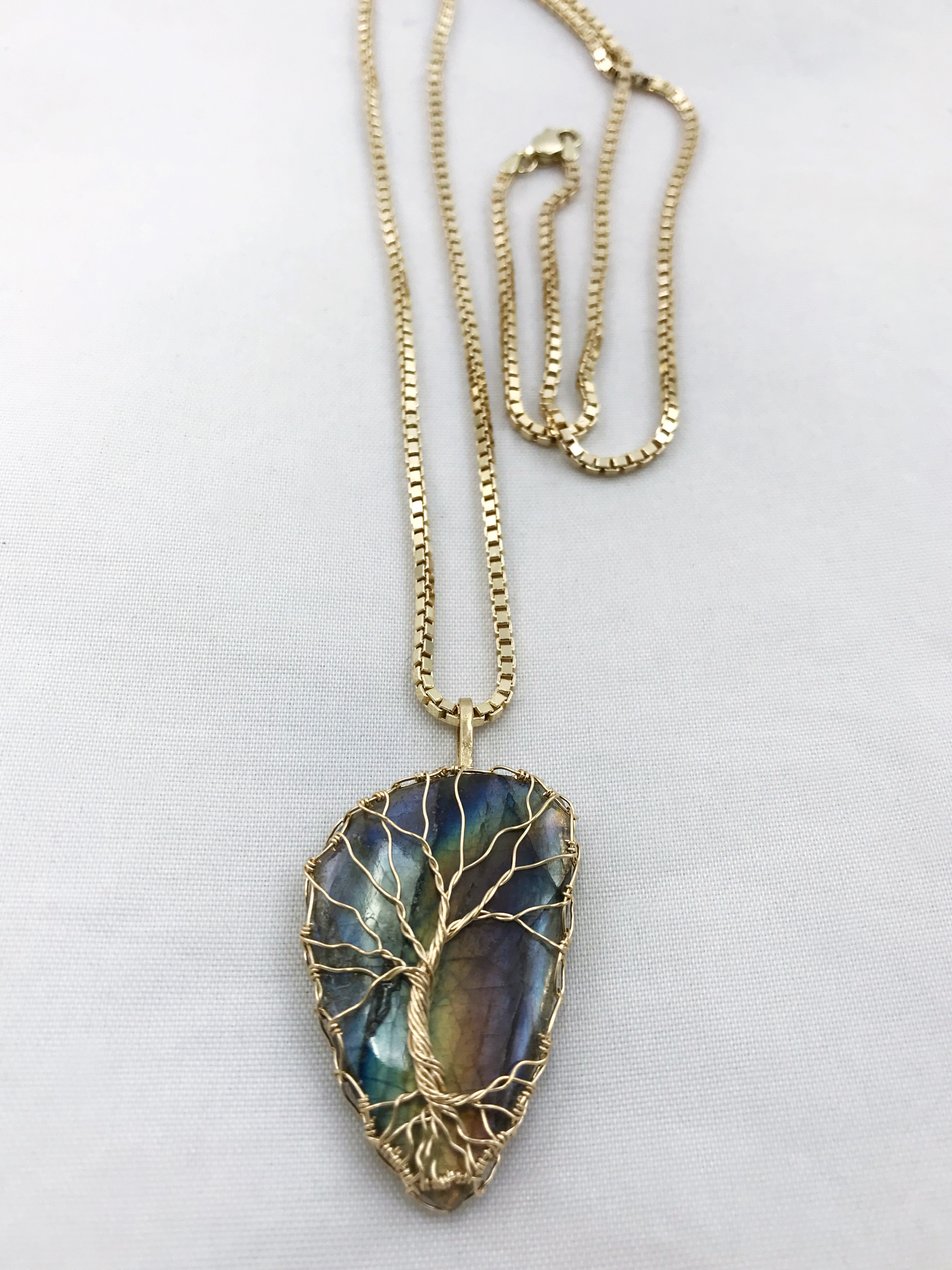 Tree Of Life Necklace - Solid 14k Yellow Gold - Freeform Labradorite - Custom Men's Tree Necklace - Image 2