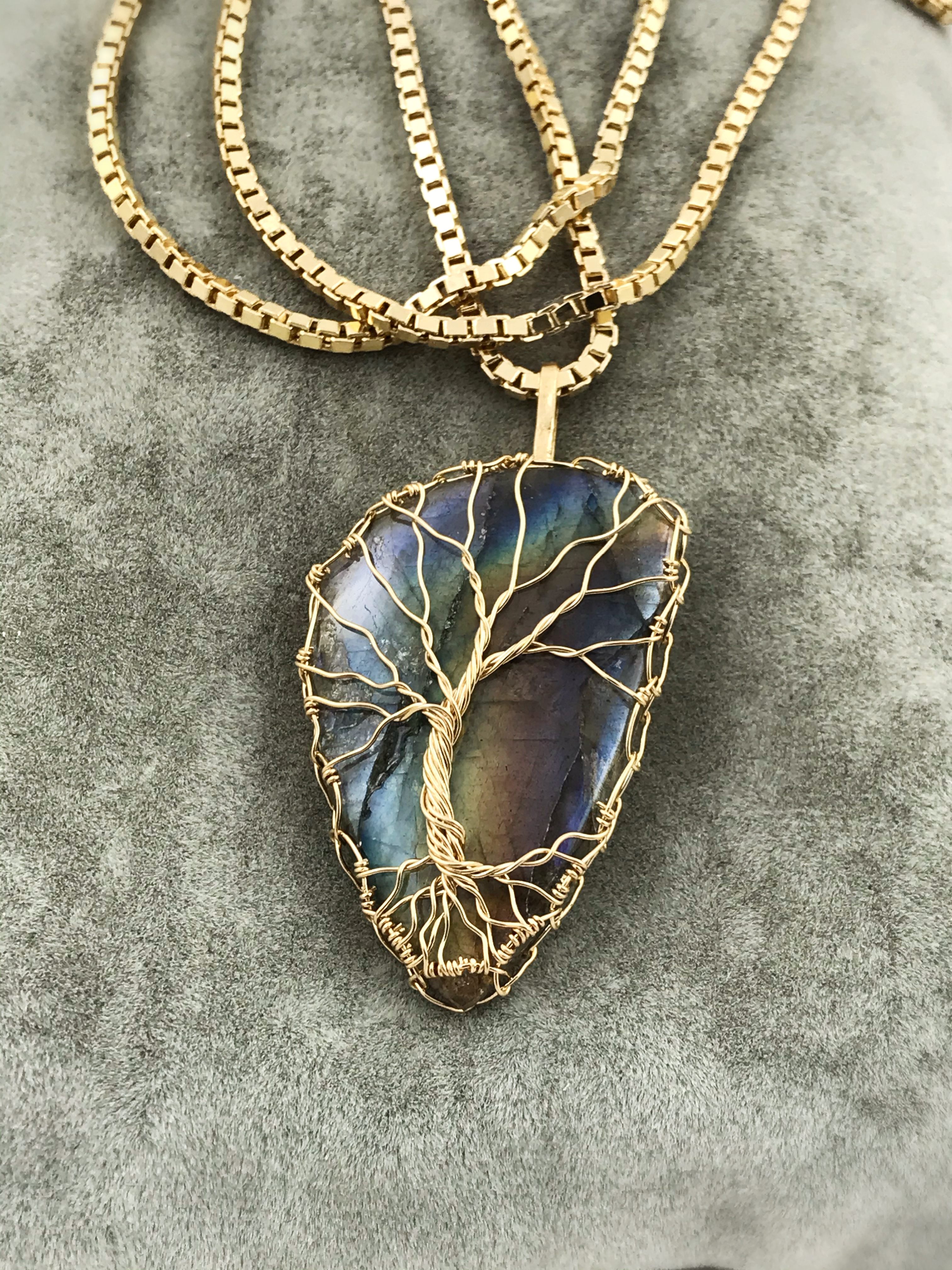 Tree Of Life Necklace - Solid 14k Yellow Gold - Freeform Labradorite - Custom Men's Tree Necklace - Image 7