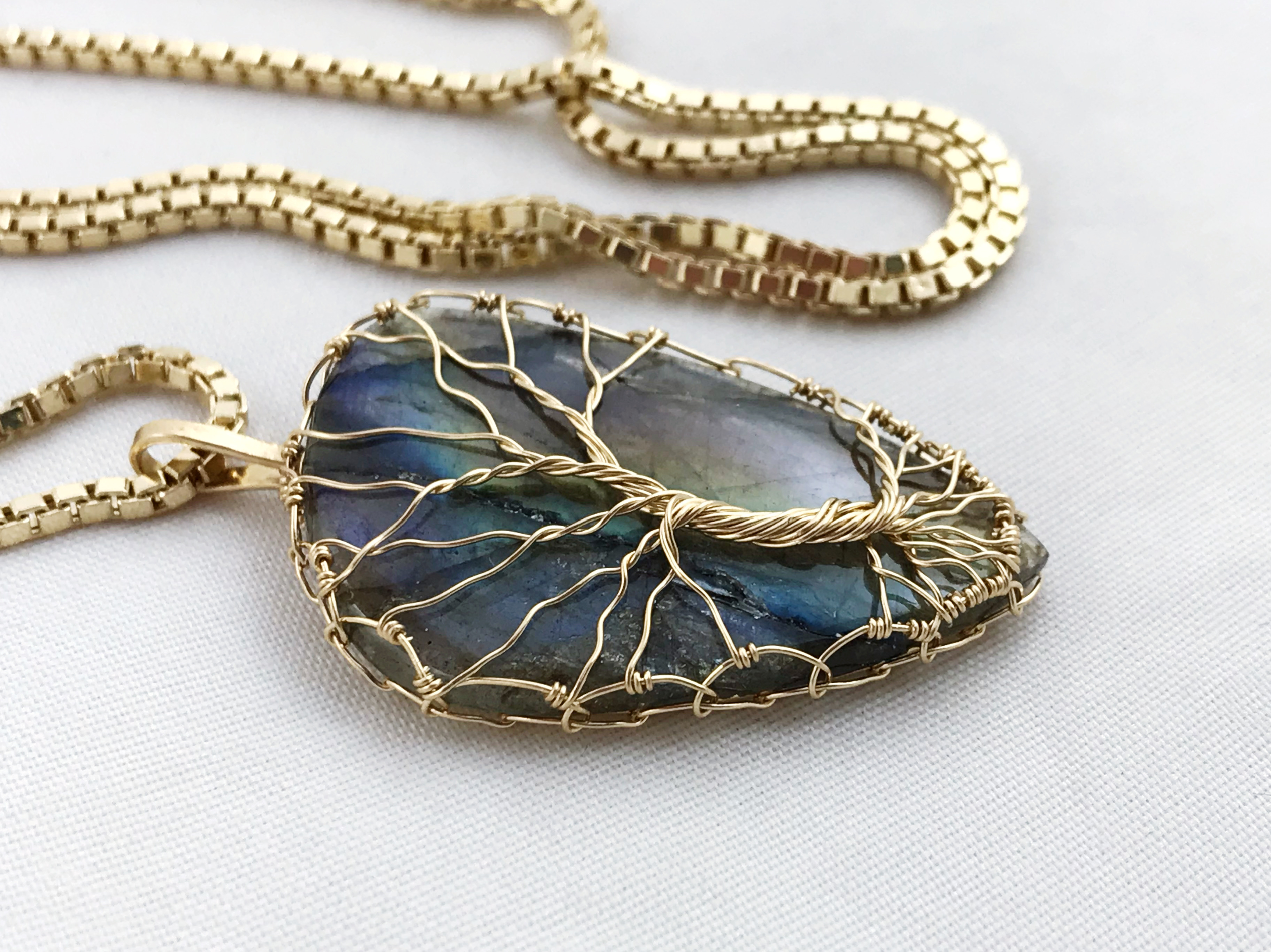 Tree Of Life Necklace - Solid 14k Yellow Gold - Freeform Labradorite - Custom Men's Tree Necklace - Image 5