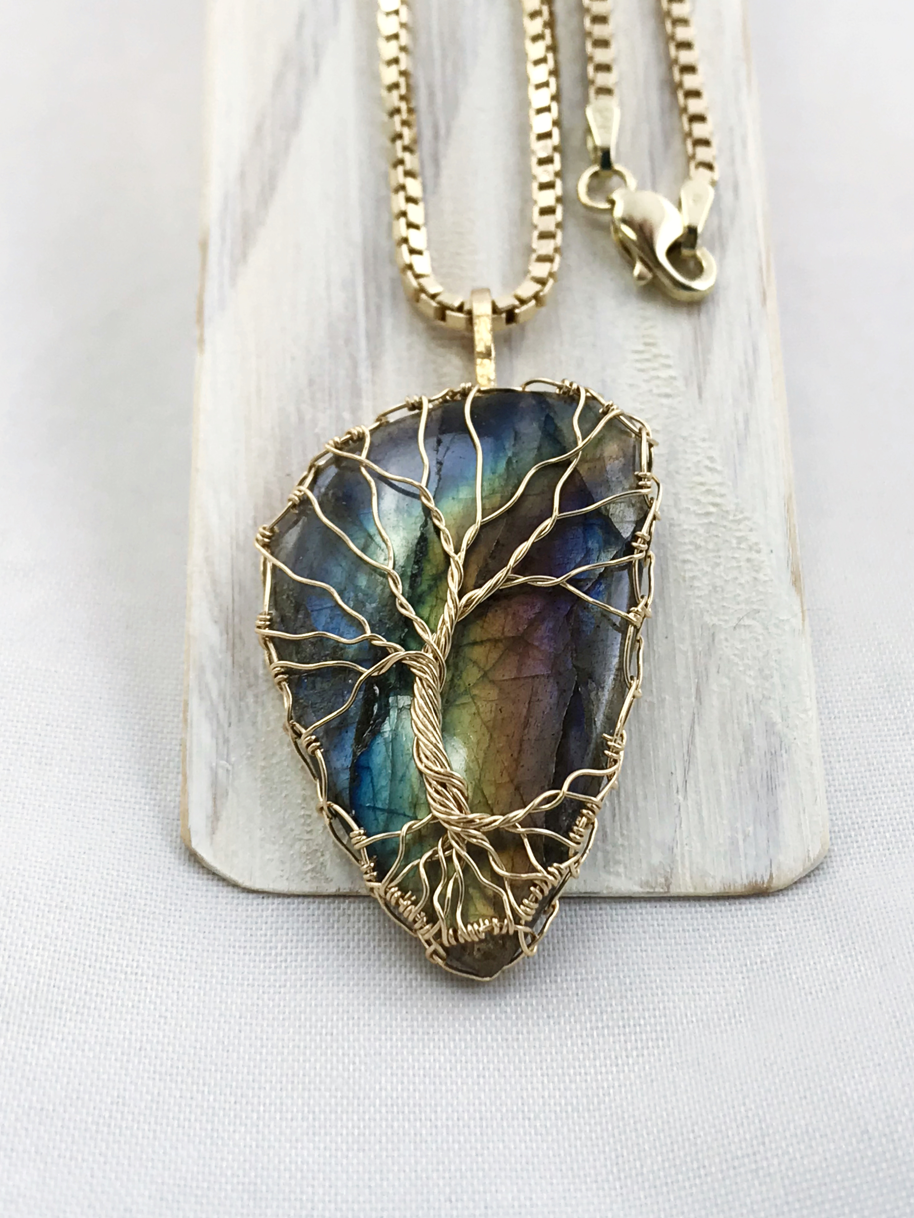 Tree Of Life Necklace – Solid 14k Yellow Gold – Freeform Labradorite – Custom Men’s Tree Necklace