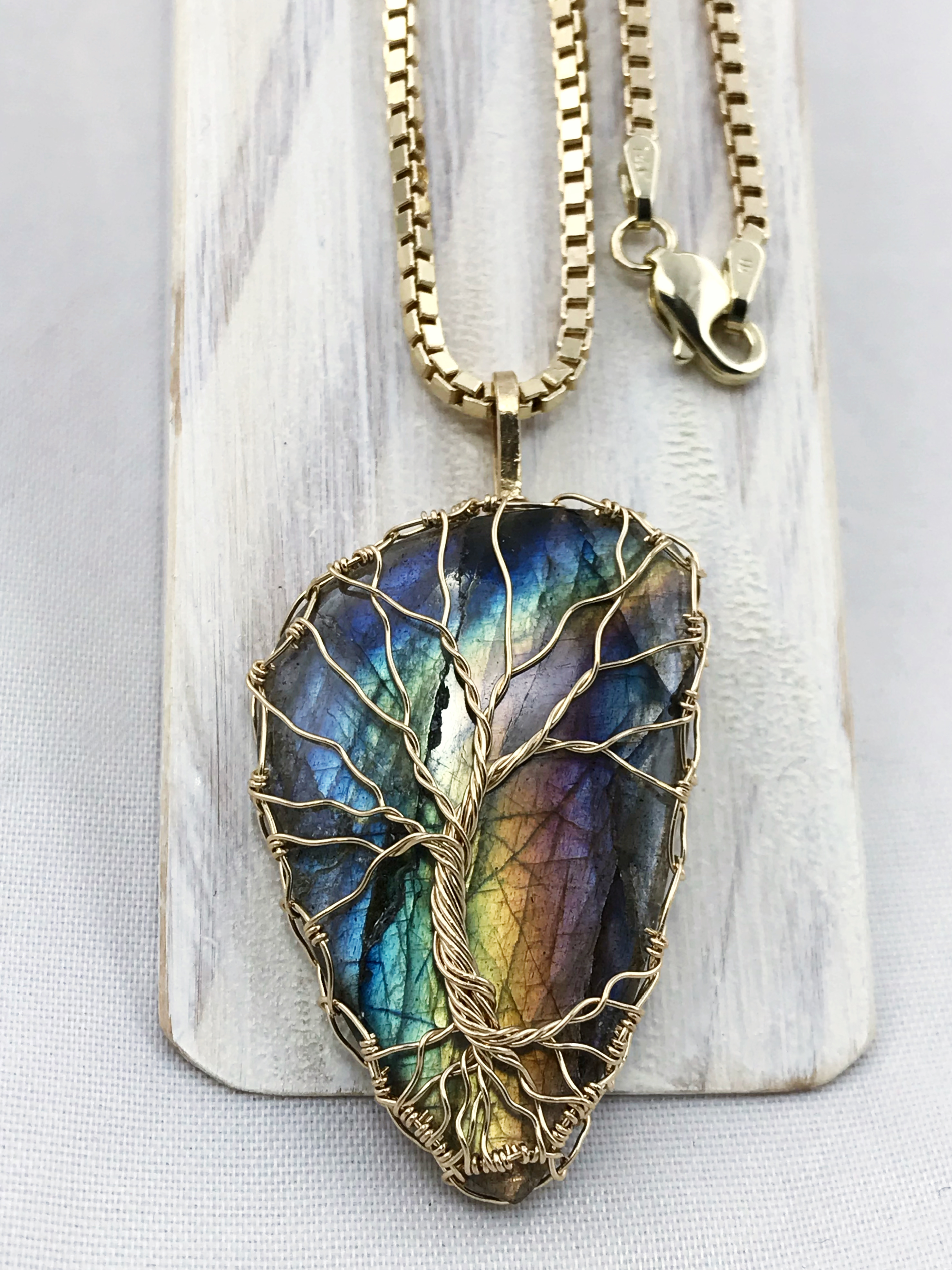 Tree Of Life Necklace - Solid 14k Yellow Gold - Freeform Labradorite - Custom Men's Tree Necklace - Image 4