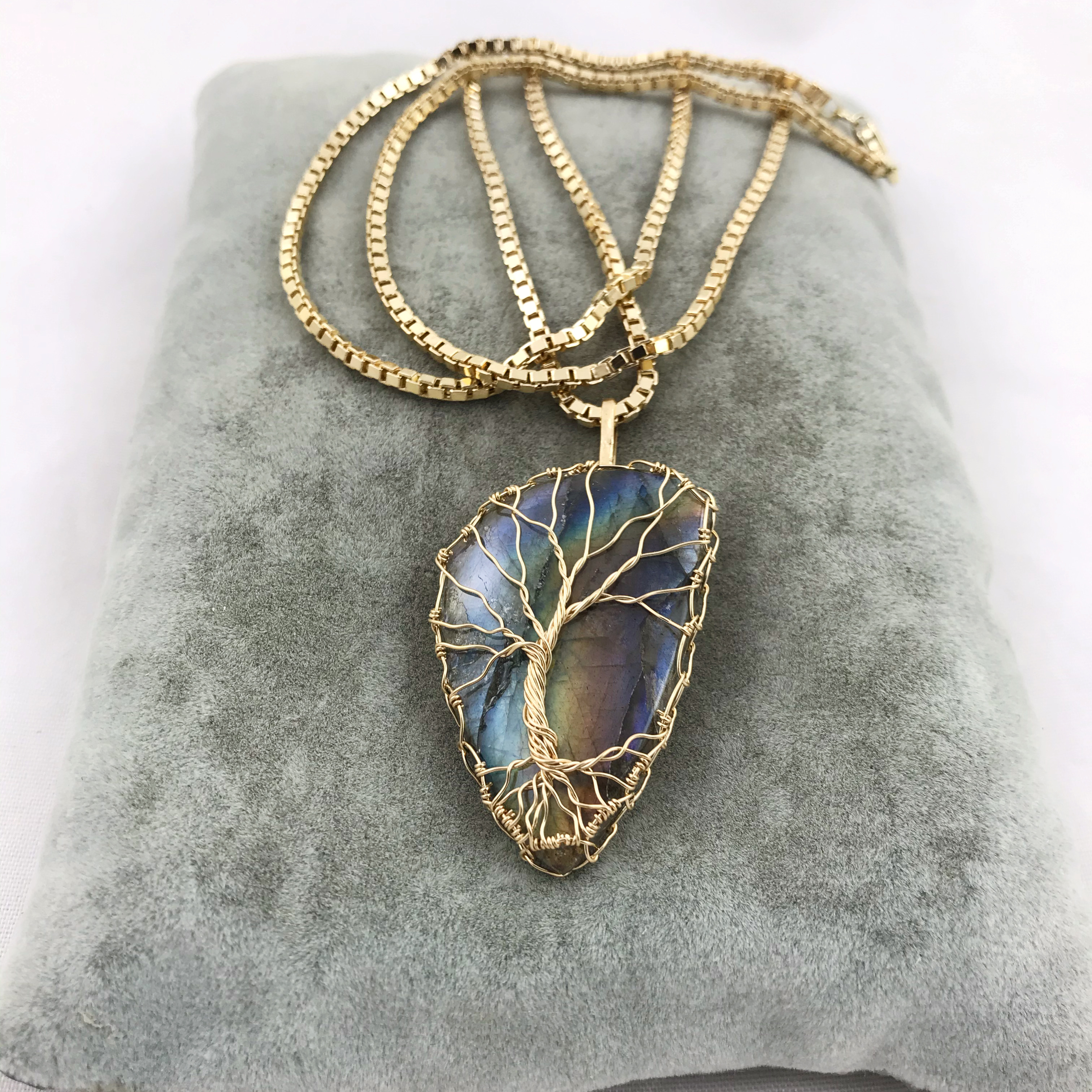 Tree Of Life Necklace - Solid 14k Yellow Gold - Freeform Labradorite - Custom Men's Tree Necklace - Image 6