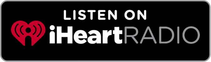 Button for iHeartRadio with a heart logo and text 'Listen on iHeartRADIO' in red and gray on a black background.