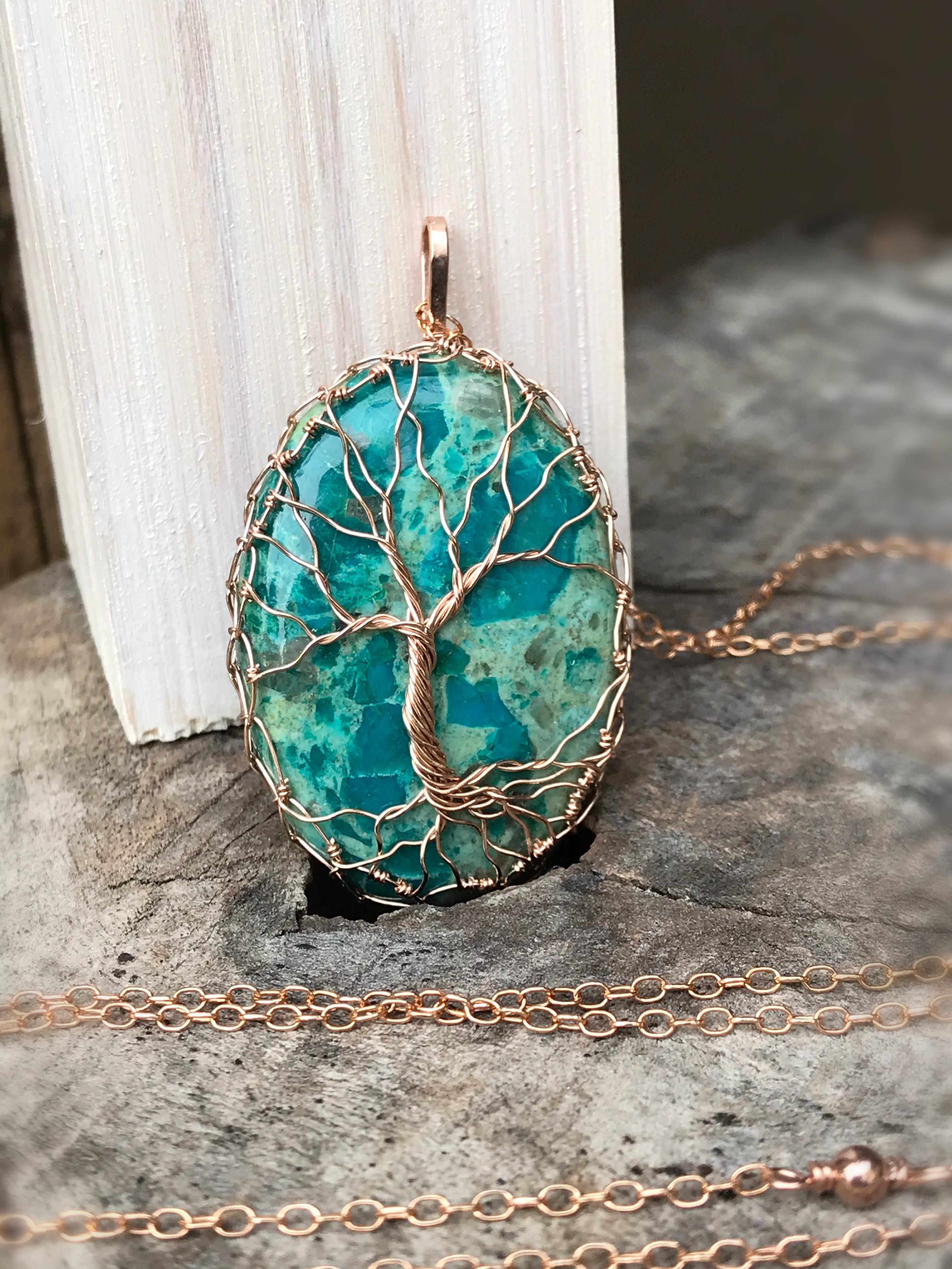 Tree Of Life Necklace - 14k Rose Gold Filled - Oval Cut Chrysocolla - "Ascension" - Image 7