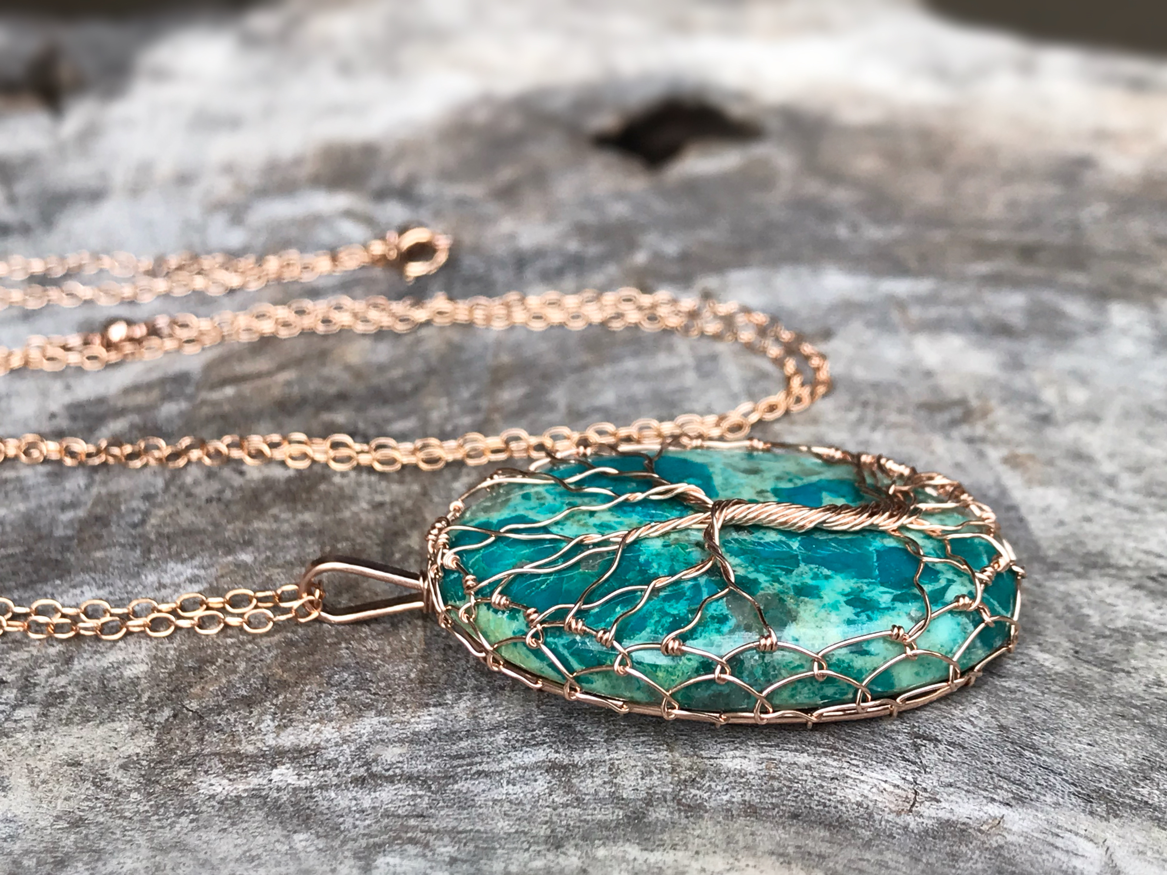 Tree Of Life Necklace - 14k Rose Gold Filled - Oval Cut Chrysocolla - "Ascension" - Image 9