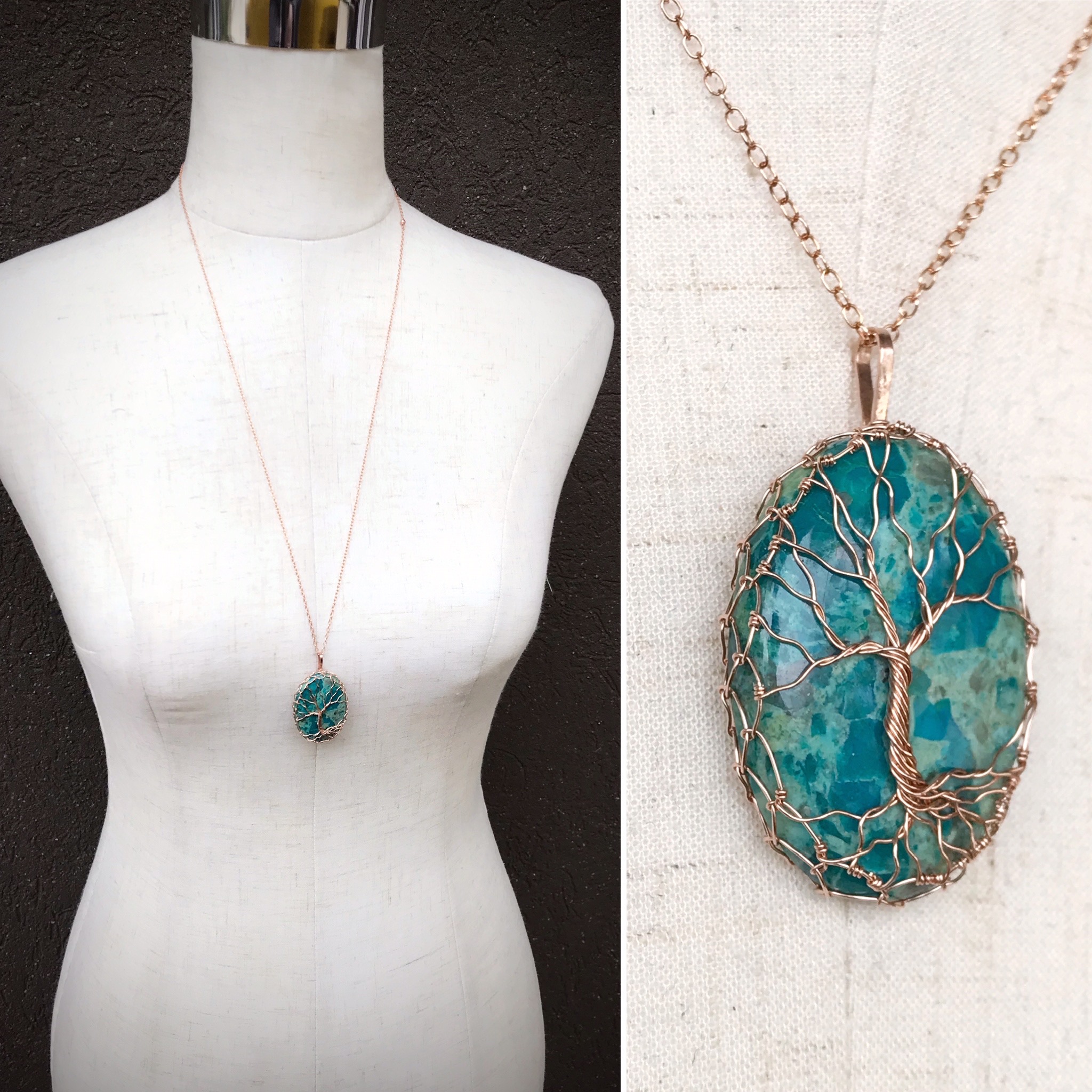 Tree Of Life Necklace - 14k Rose Gold Filled - Oval Cut Chrysocolla - "Ascension" - Image 6