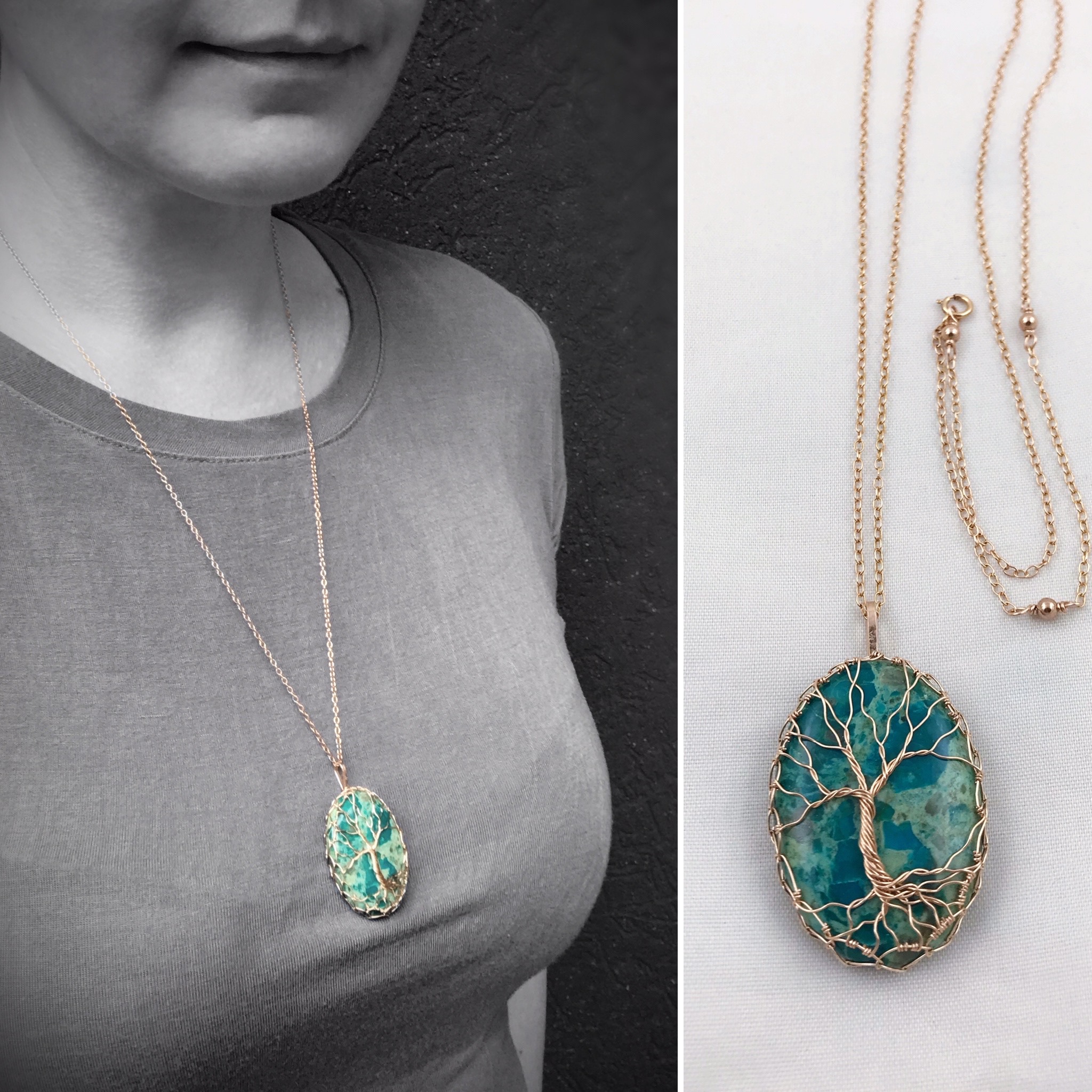 Tree Of Life Necklace – 14k Rose Gold Filled – Oval Cut Chrysocolla – “Ascension”