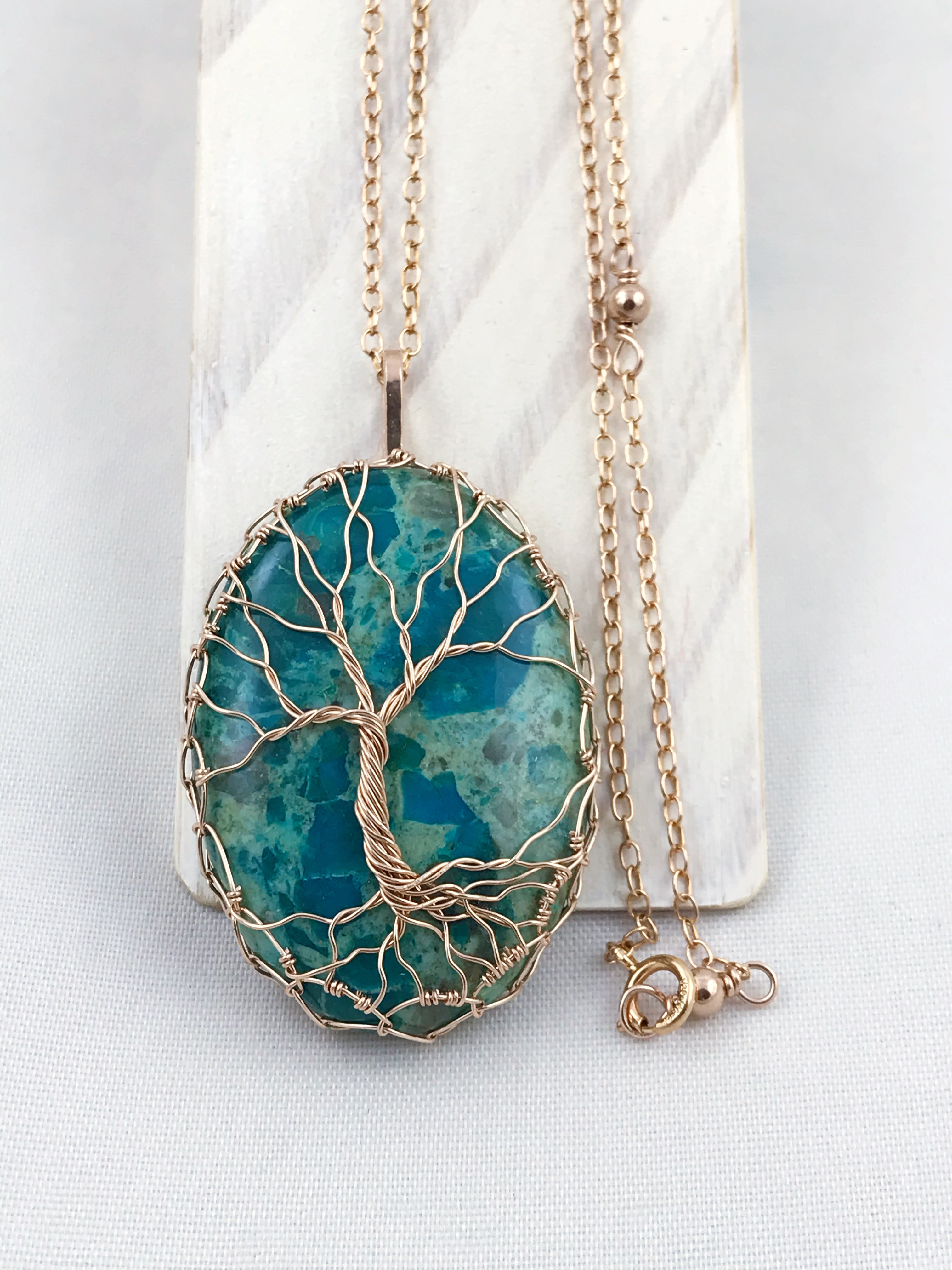 Tree Of Life Necklace - 14k Rose Gold Filled - Oval Cut Chrysocolla - "Ascension" - Image 3