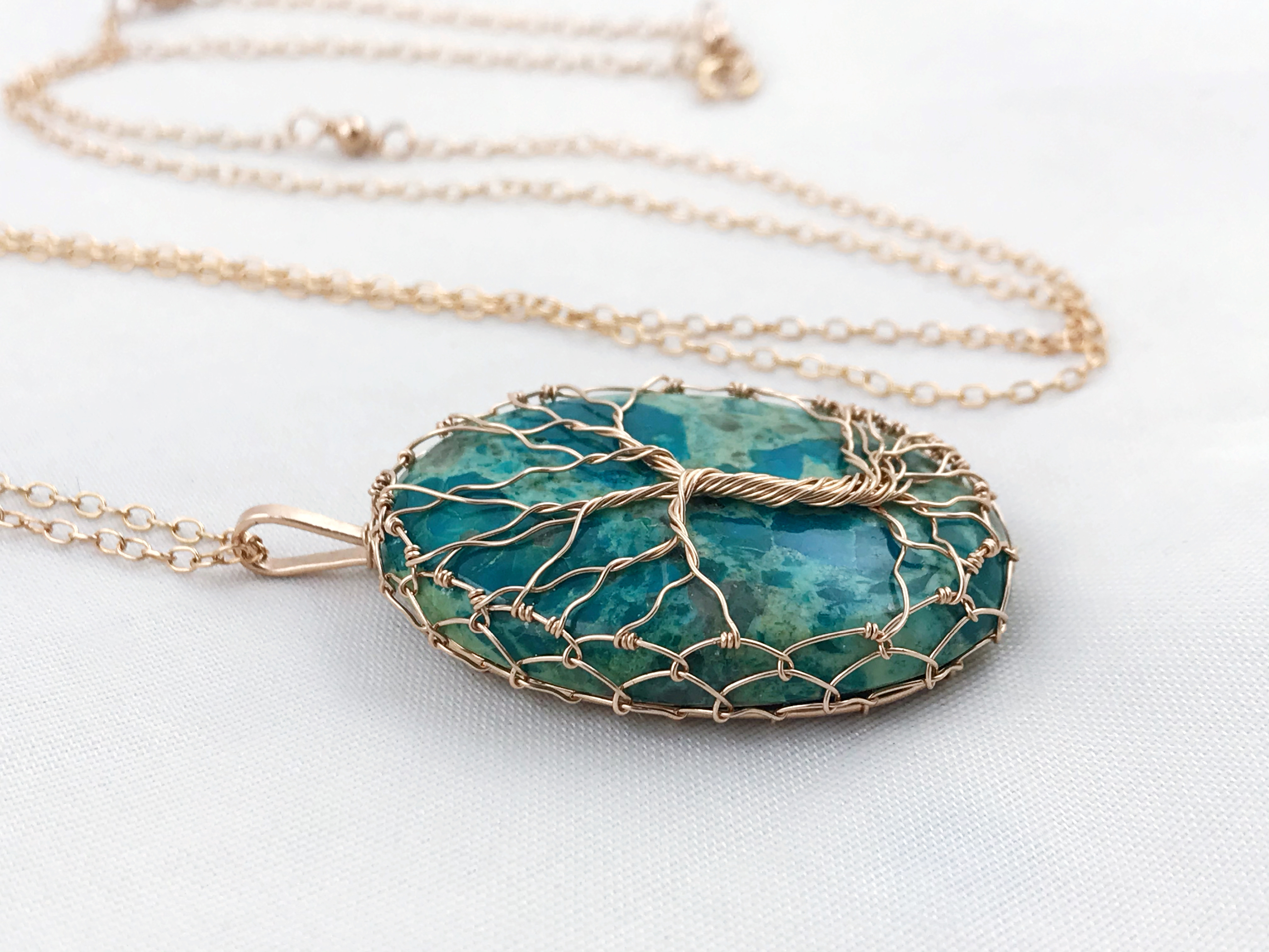 Tree Of Life Necklace - 14k Rose Gold Filled - Oval Cut Chrysocolla - "Ascension" - Image 5