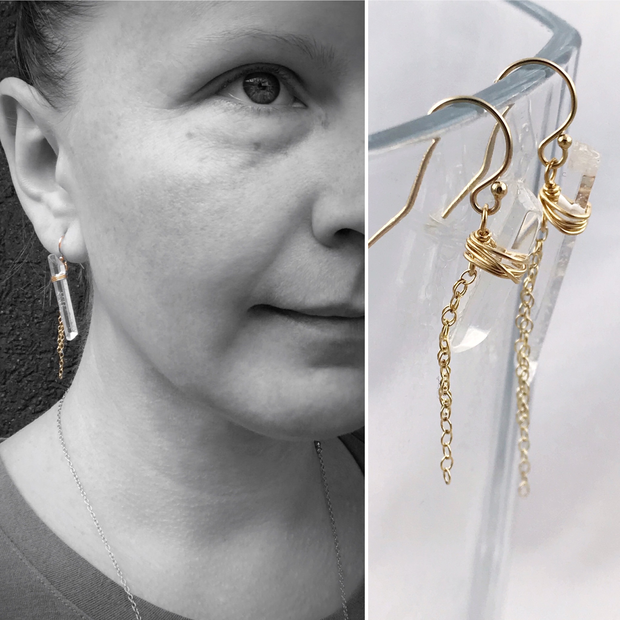 Gold Asymmetrical Quartz Crystal Tassel Earrings – 14k Yellow Gold Filled – Polished Genuine Quartz Points