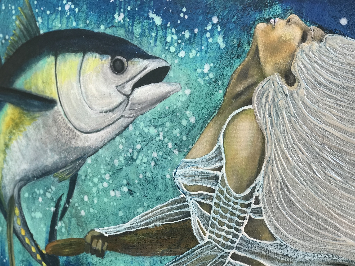 The Ocean Calls Painting by Artist Rafi Perez Mixed Medium on Canvas 50X27