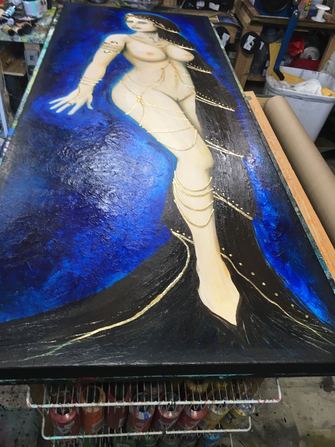Nude Golden Princess Original Wall Art by Artist Rafi Perez Mixed Medium and 18K Gold on Canvas 70X27 - Image 11