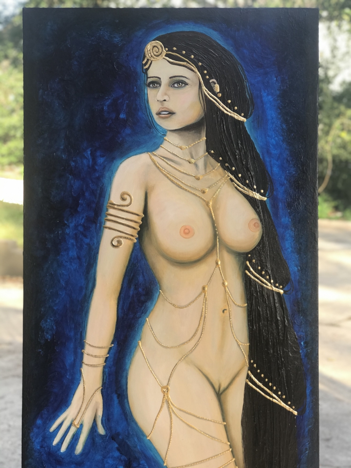 Nude Golden Princess Original Wall Art by Artist Rafi Perez Mixed Medium and 18K Gold on Canvas 70X27 - Image 5