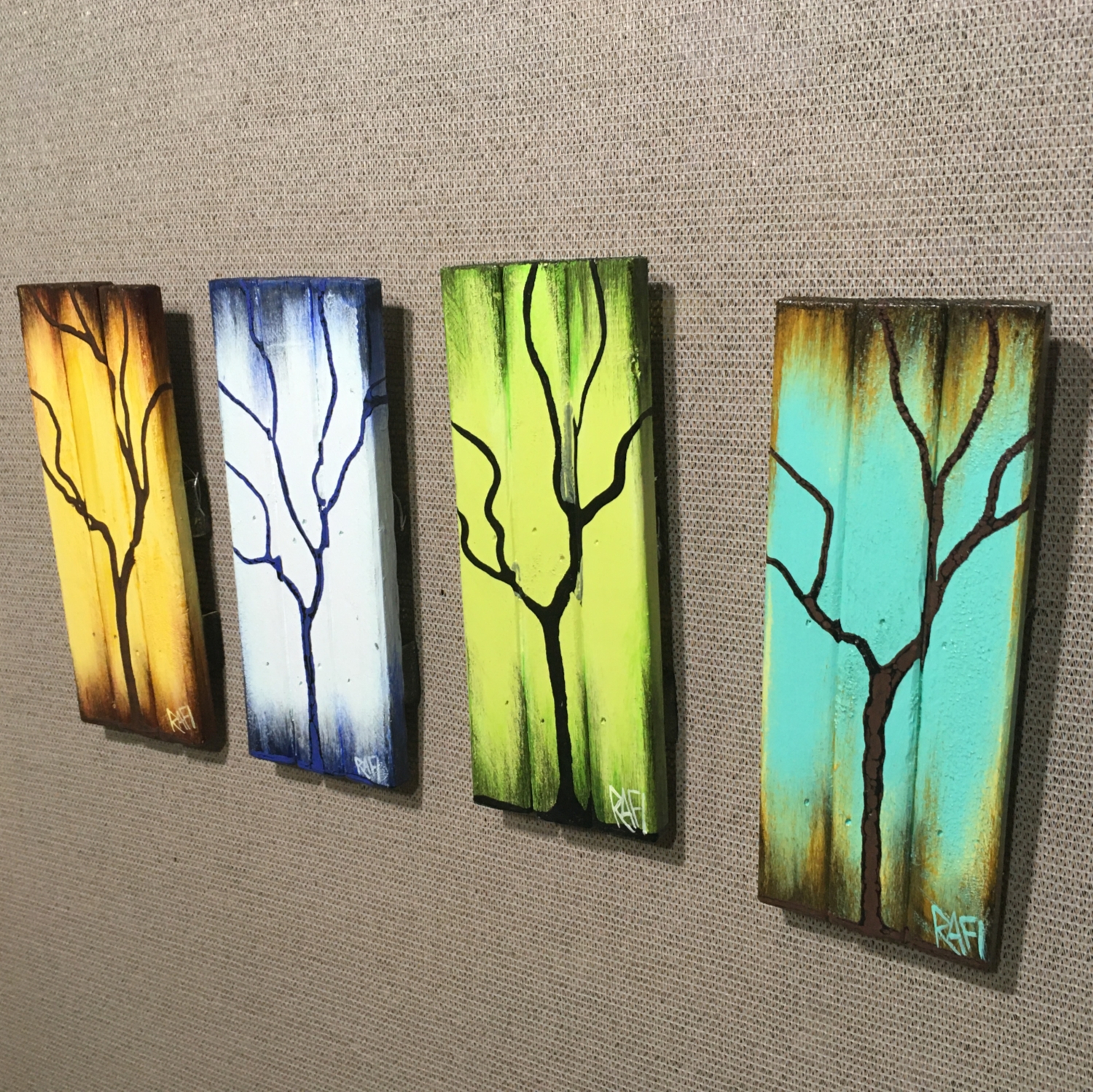 Four Seasons Of Change Tree Paintings On Reclaimed Wood Small 4 Piece By Artist Rafi Perez
