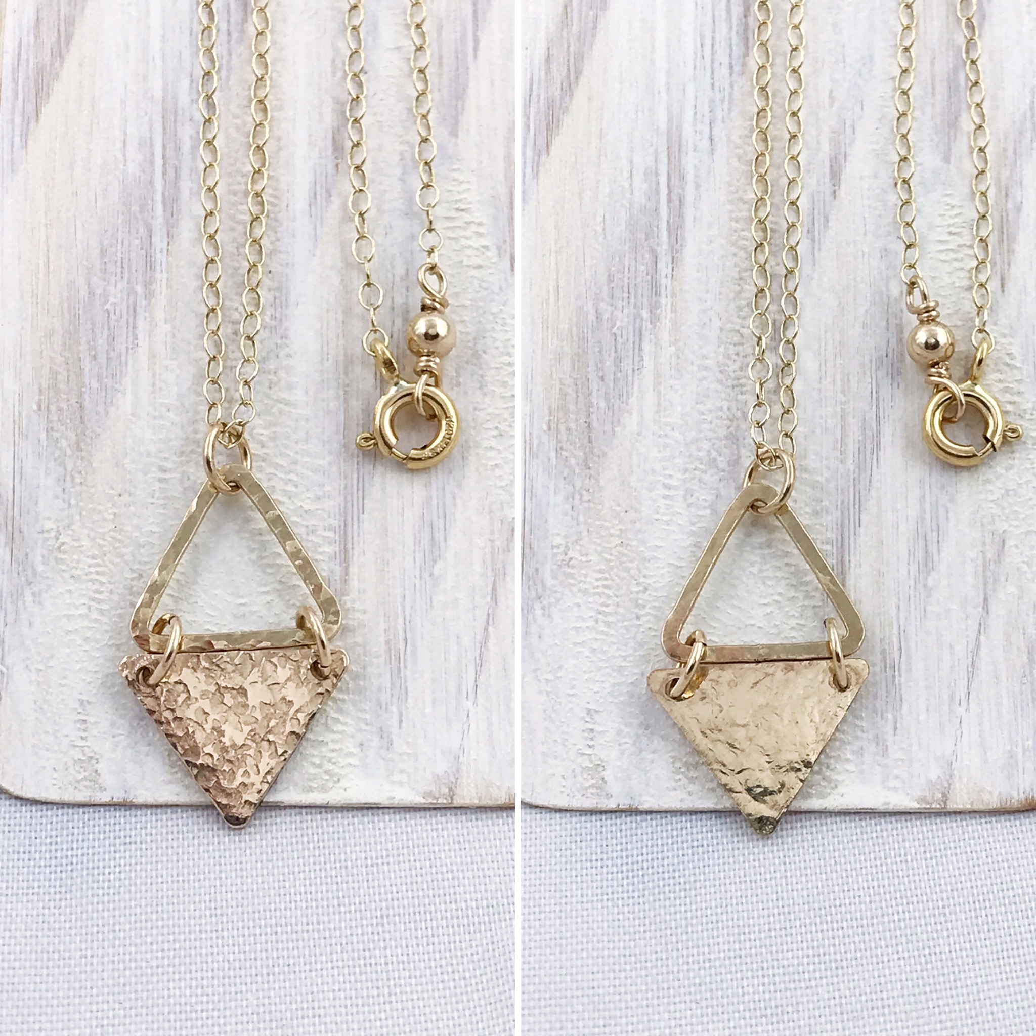 Triangle Dangle Necklace / 14k Yellow Gold Filled / Hammer Forged / Rustic Hammered Texture - Image 4