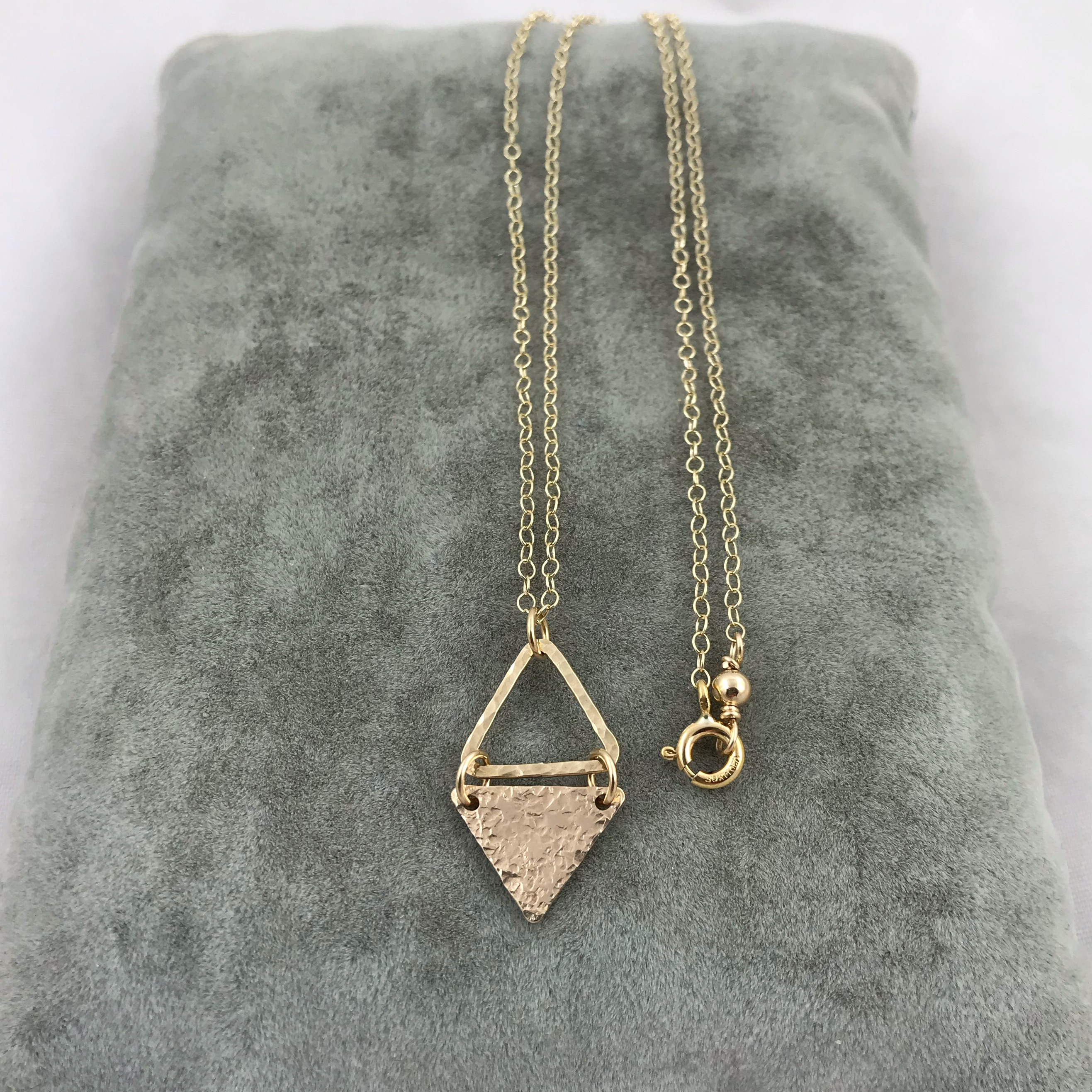 Triangle Dangle Necklace / 14k Yellow Gold Filled / Hammer Forged / Rustic Hammered Texture - Image 2