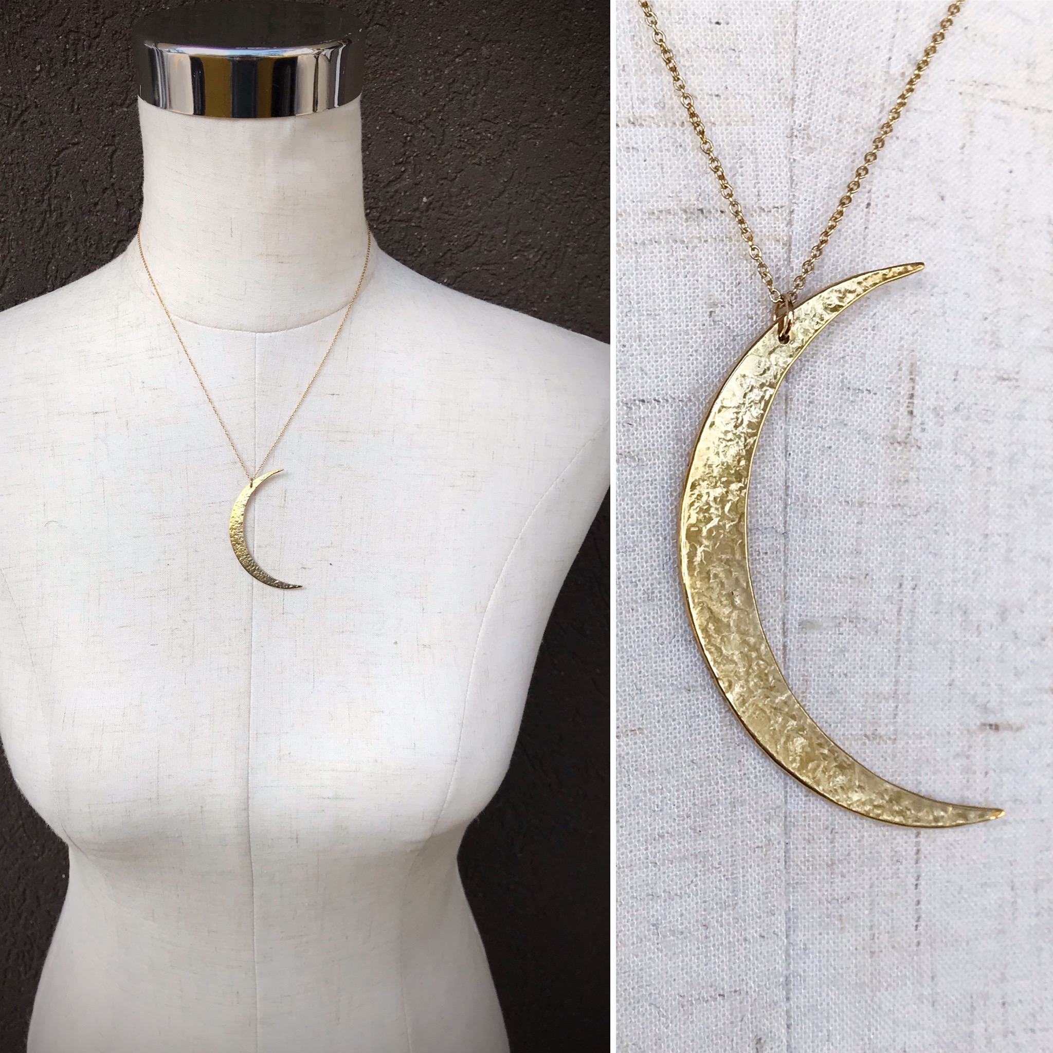 Crescent Moon Necklace - Large Solid Jeweler's Brass Moon Pendant - 14k Gold Filled Chain - Hand Forged - Image 12