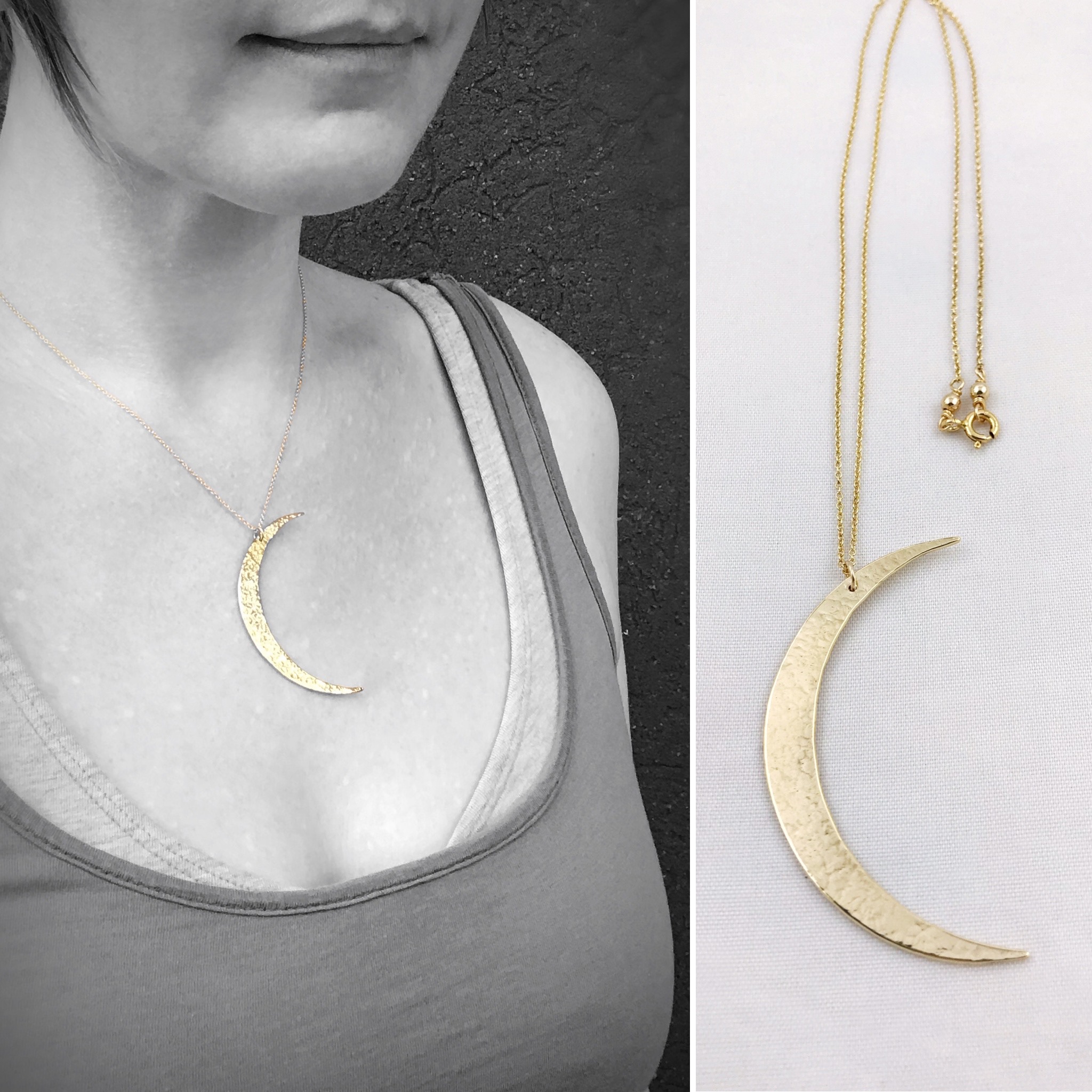 Crescent Moon Necklace - Large Solid Jeweler's Brass Moon Pendant - 14k Gold Filled Chain - Hand Forged - Image 2