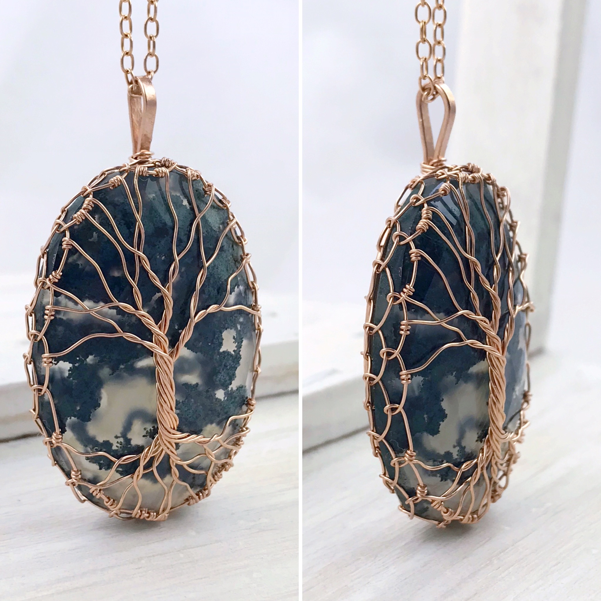 Tree Of Life Necklace - 14k Rose Gold Filled - Faceted Moss Agate - "Garden" - Image 5