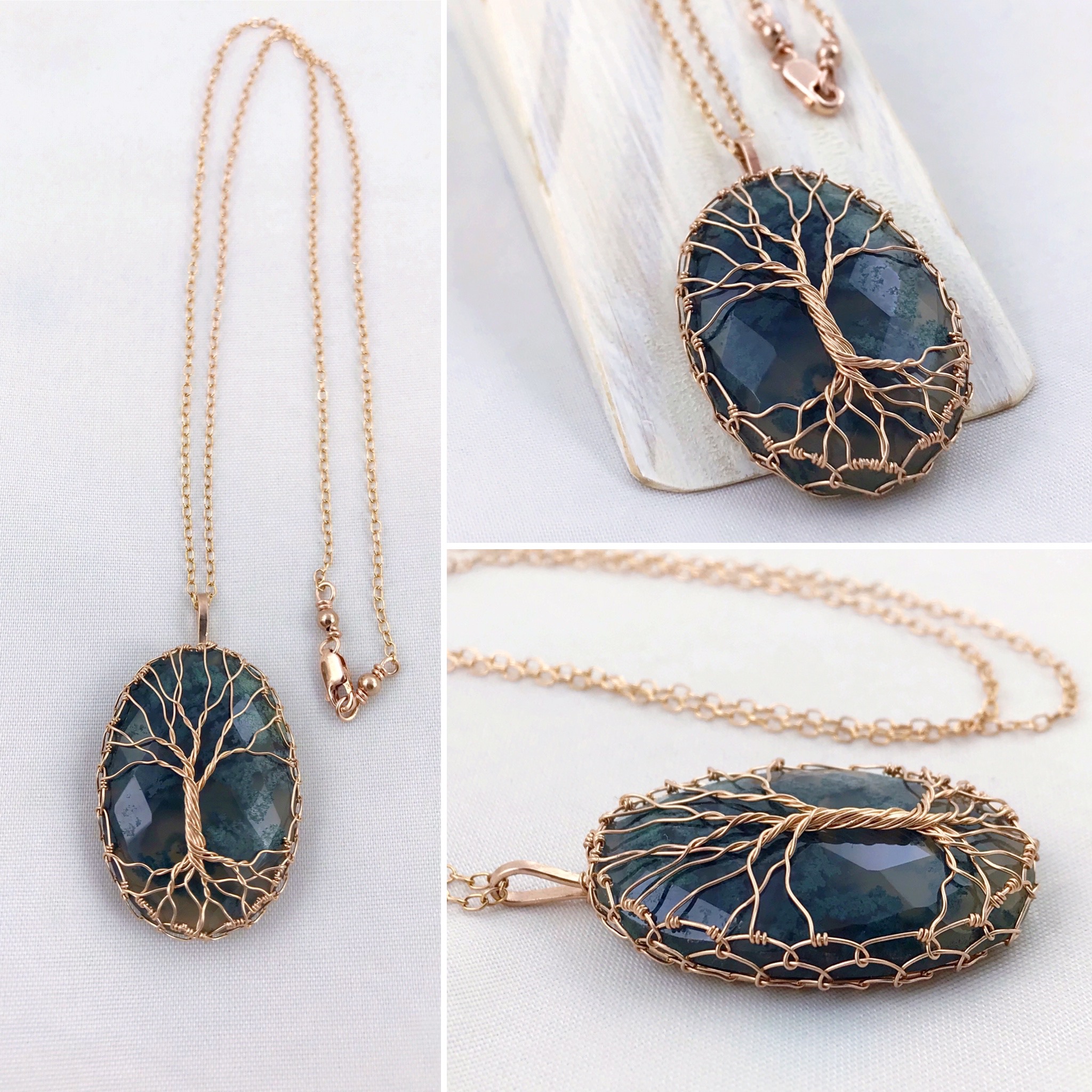 Tree Of Life Necklace - 14k Rose Gold Filled - Faceted Moss Agate - "Garden" - Image 2
