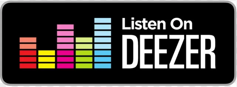 A vibrant graphic featuring colorful sound bars with the text 'Listen On DEEZER' in a bold, modern font against a black background.