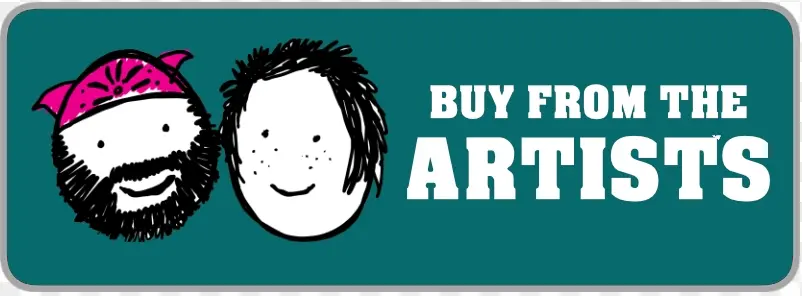 A colorful graphic featuring two cartoon-like characters, one with a bandana and the other with tousled hair, accompanied by the text 'BUY FROM THE ARTISTS' in bold font.