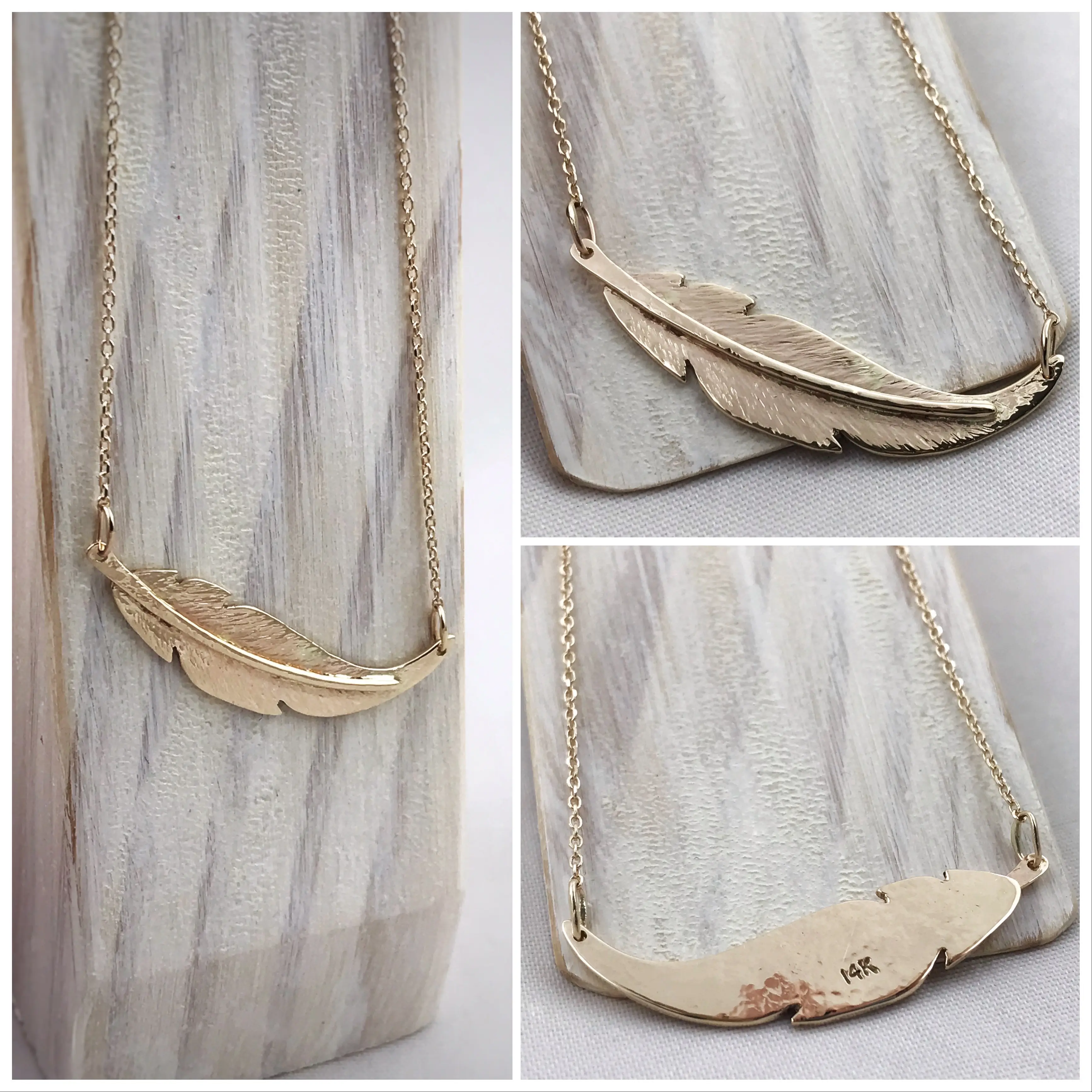Feather Necklace / Solid 14k Yellow Gold / Small Horizontal Curved Feather / Hand Forged Unique Feather - Image 9