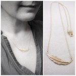 Feather Necklace / Solid 14k Yellow Gold / Small Horizontal Curved Feather / Hand Forged Unique Feather