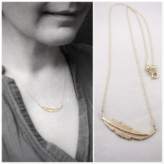 Feather Necklace / Solid 14k Yellow Gold / Small Horizontal Curved Feather / Hand Forged Unique Feather