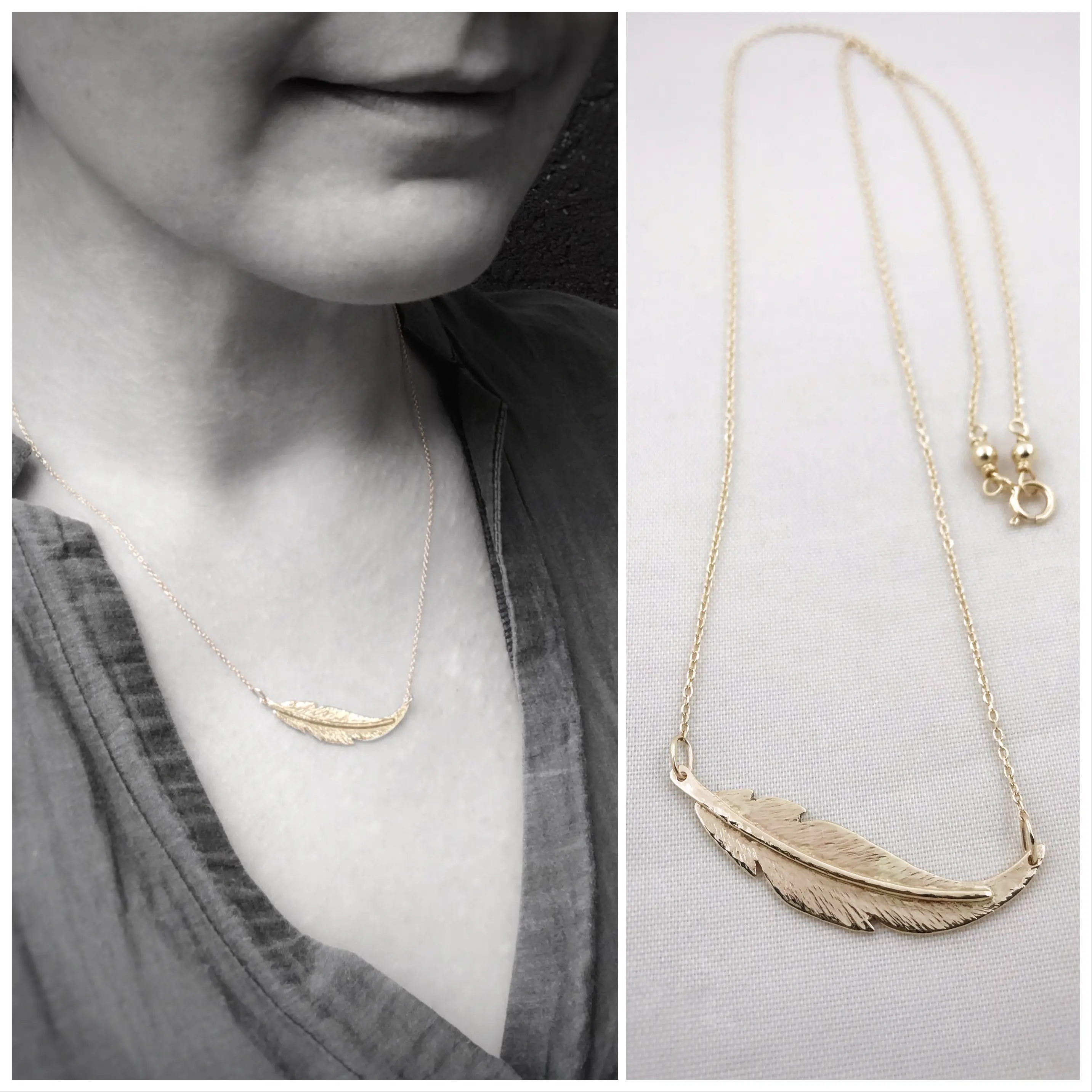 Feather Necklace / Solid 14k Yellow Gold / Small Horizontal Curved Feather / Hand Forged Unique Feather