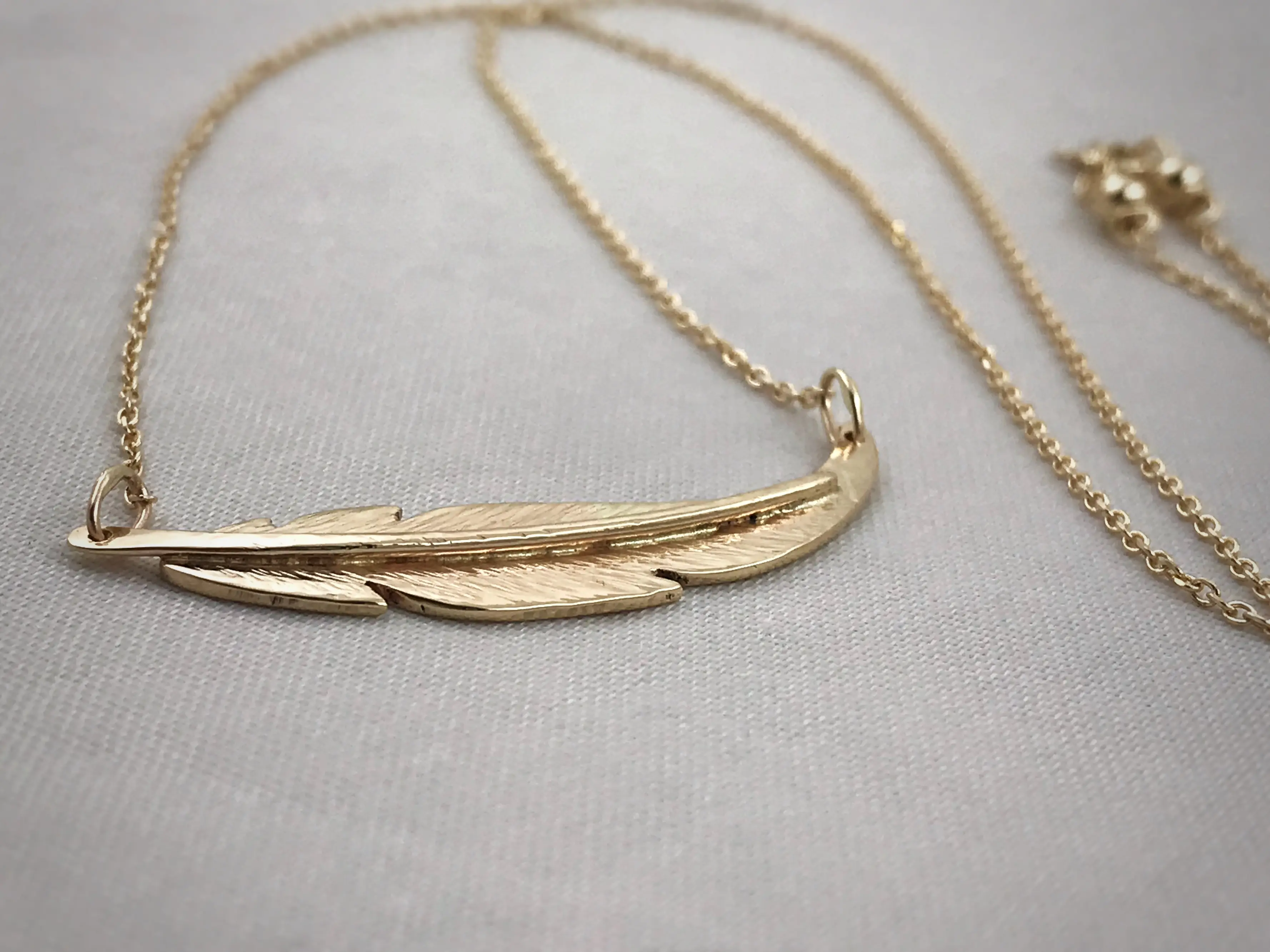 Feather Necklace / Solid 14k Yellow Gold / Small Horizontal Curved Feather / Hand Forged Unique Feather - Image 6