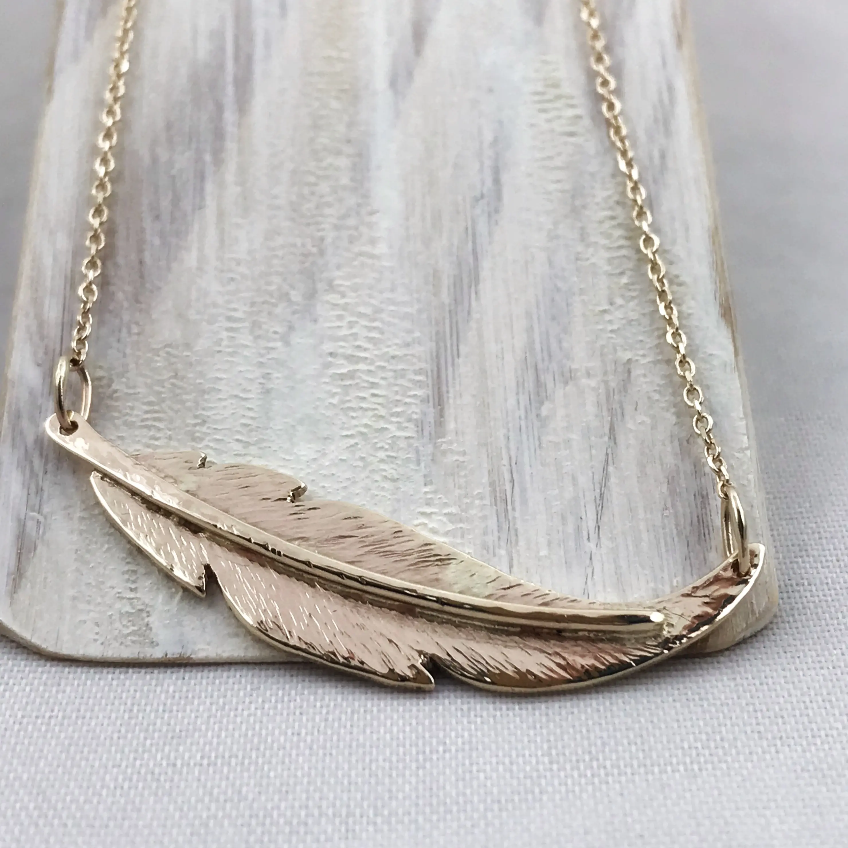 Feather Necklace / Solid 14k Yellow Gold / Small Horizontal Curved Feather / Hand Forged Unique Feather - Image 8