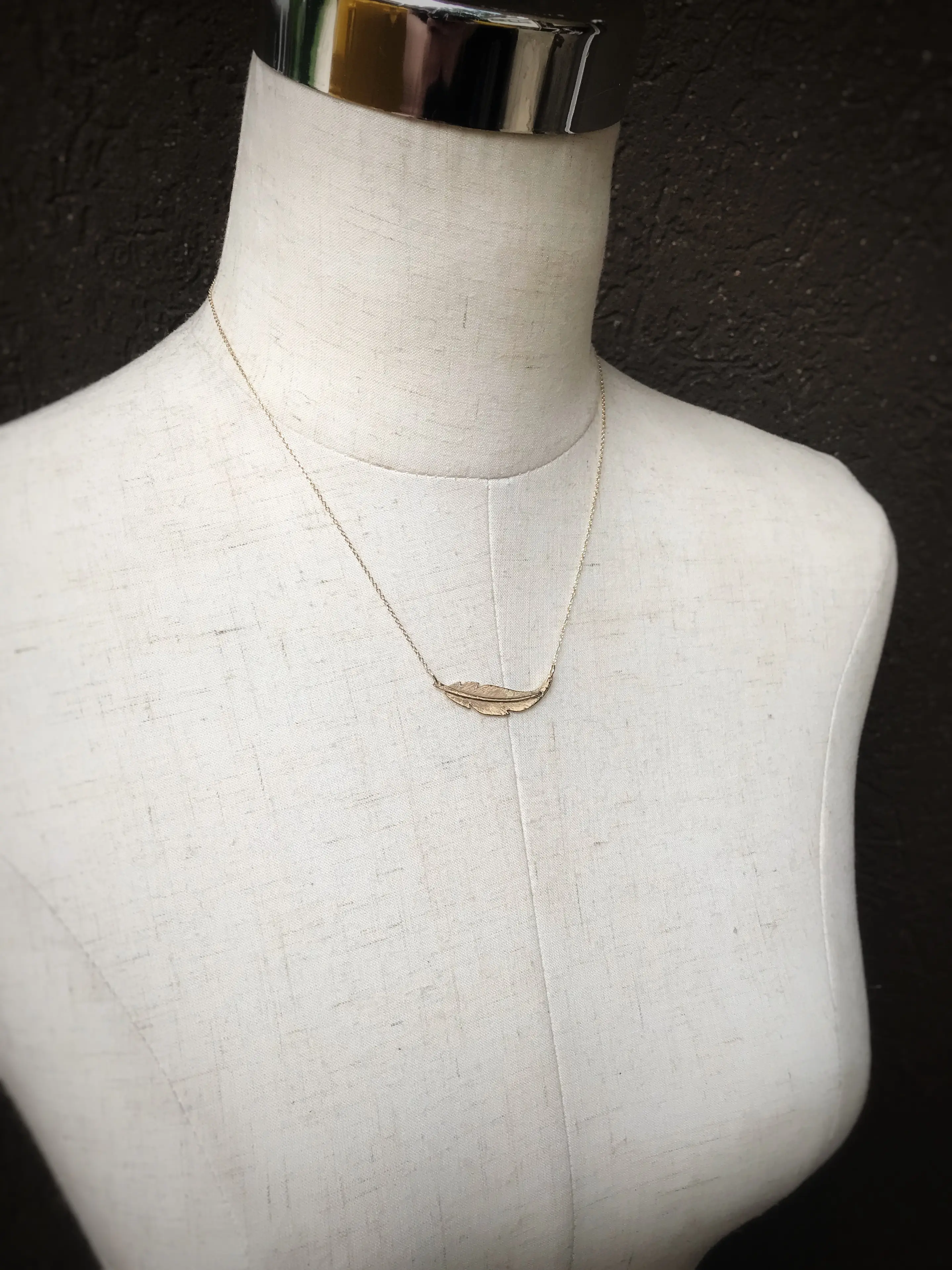 Feather Necklace / Solid 14k Yellow Gold / Small Horizontal Curved Feather / Hand Forged Unique Feather - Image 7