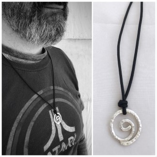 Men's Gratitude Symbol Necklace / Solid Sterling Silver / Large Gratitude Spiral / Hammer Forged / Adjustable Leather Cord